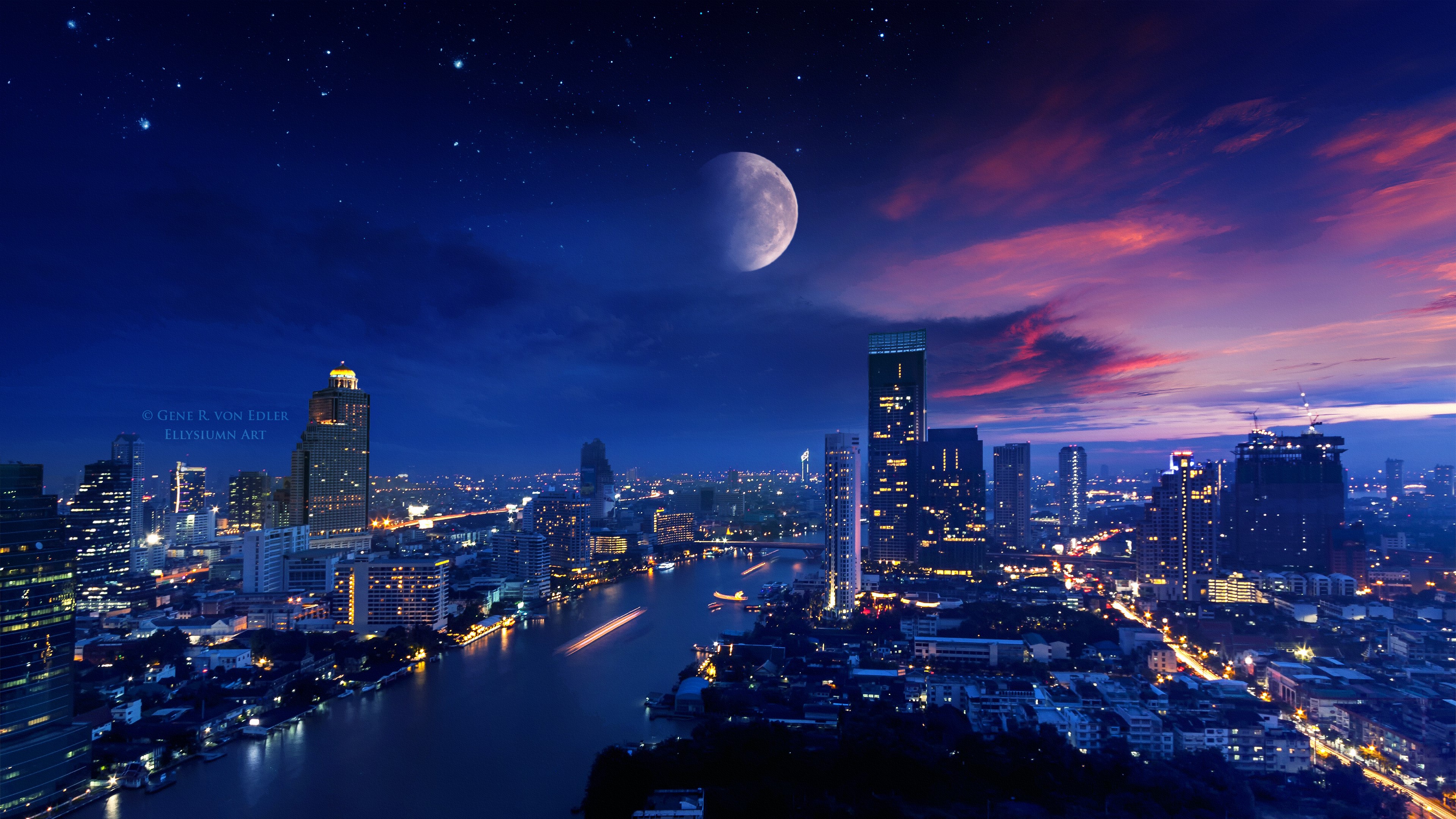 city, lights, moon, photography, deviantart, hd, 4k, HD Wallpaper