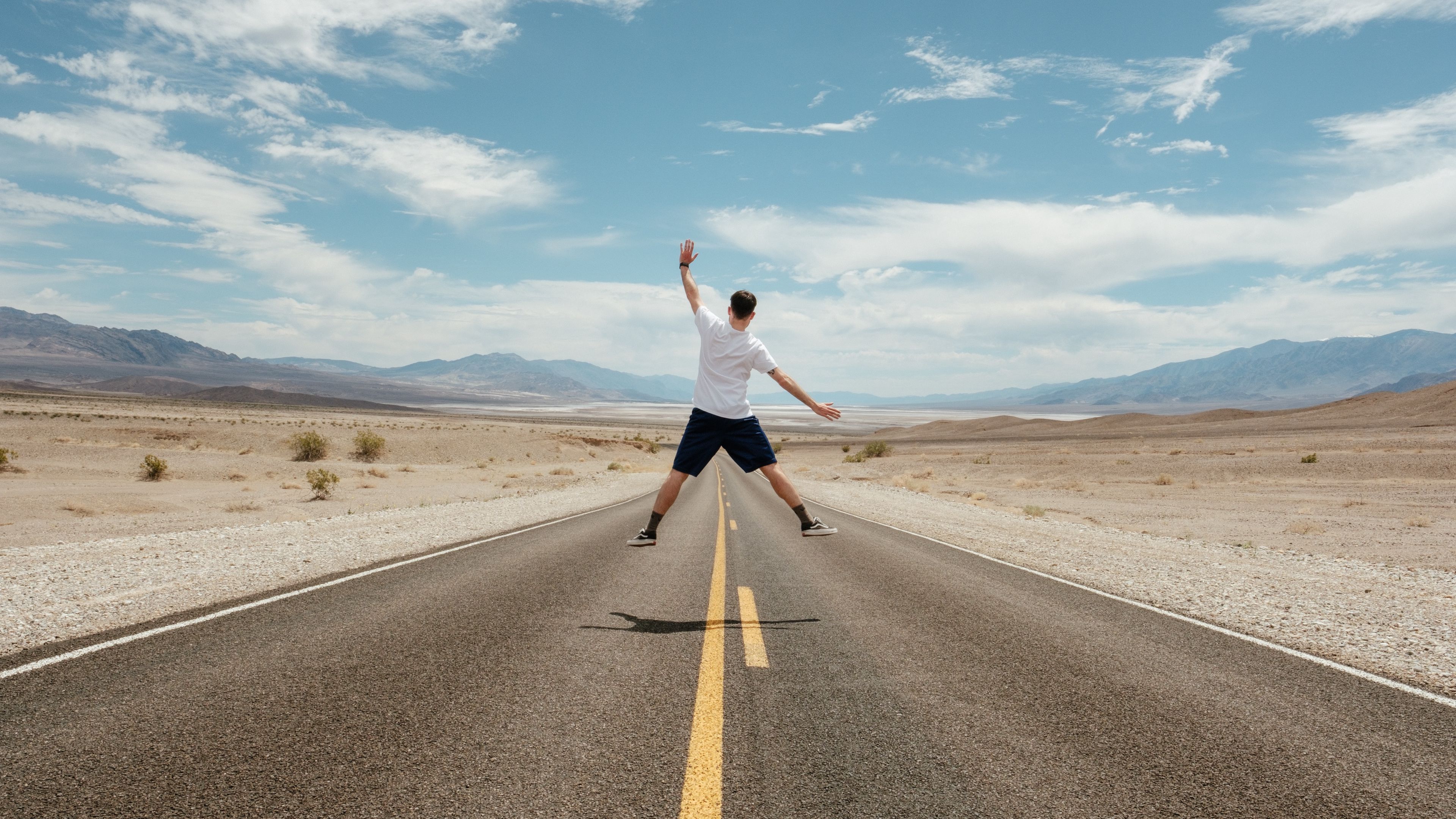 man, jump, levitation, road, desert, 4k, HD Wallpaper
