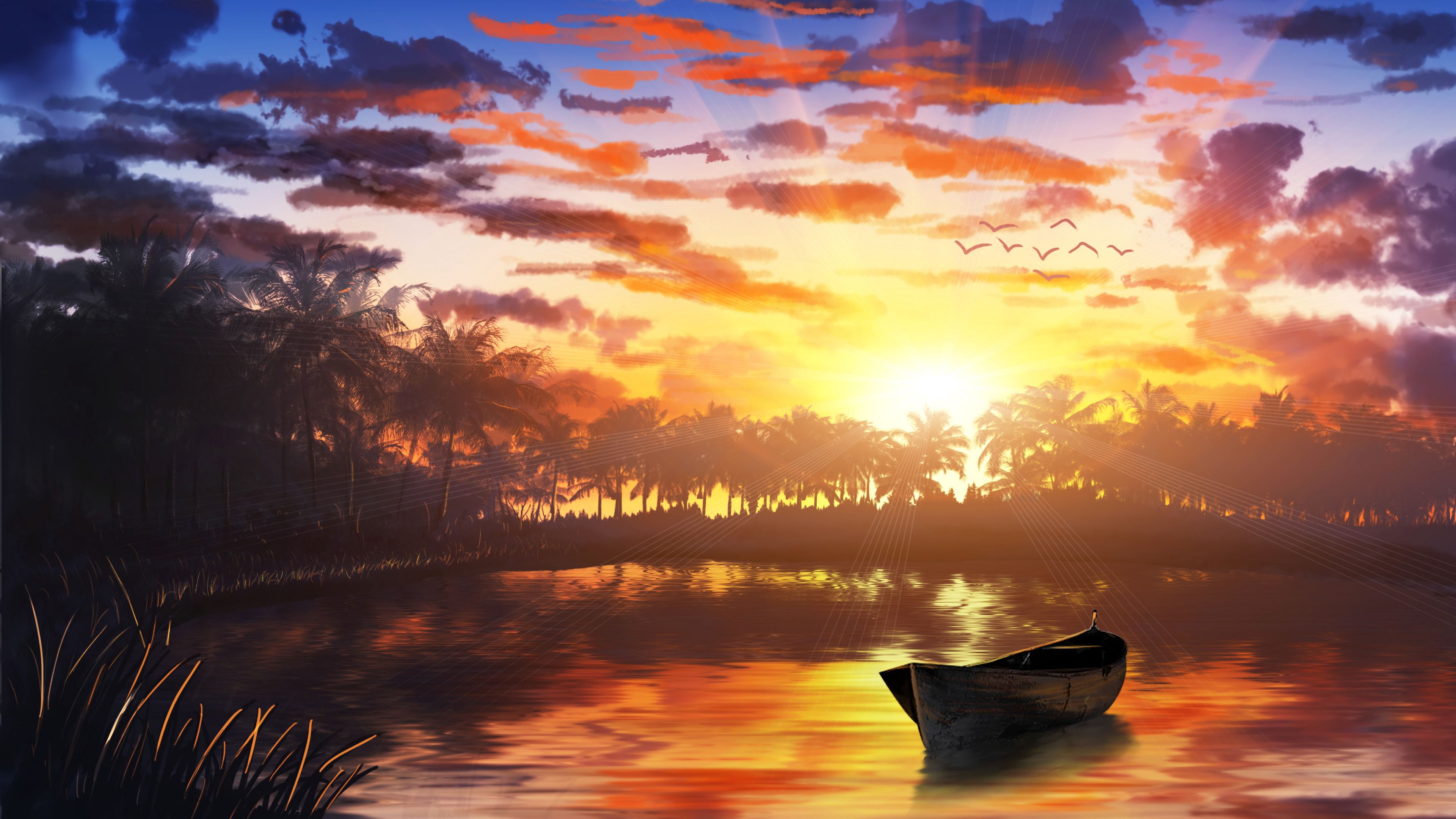 boat, sunset, palm trees, water, art, 4k, HD Wallpaper
