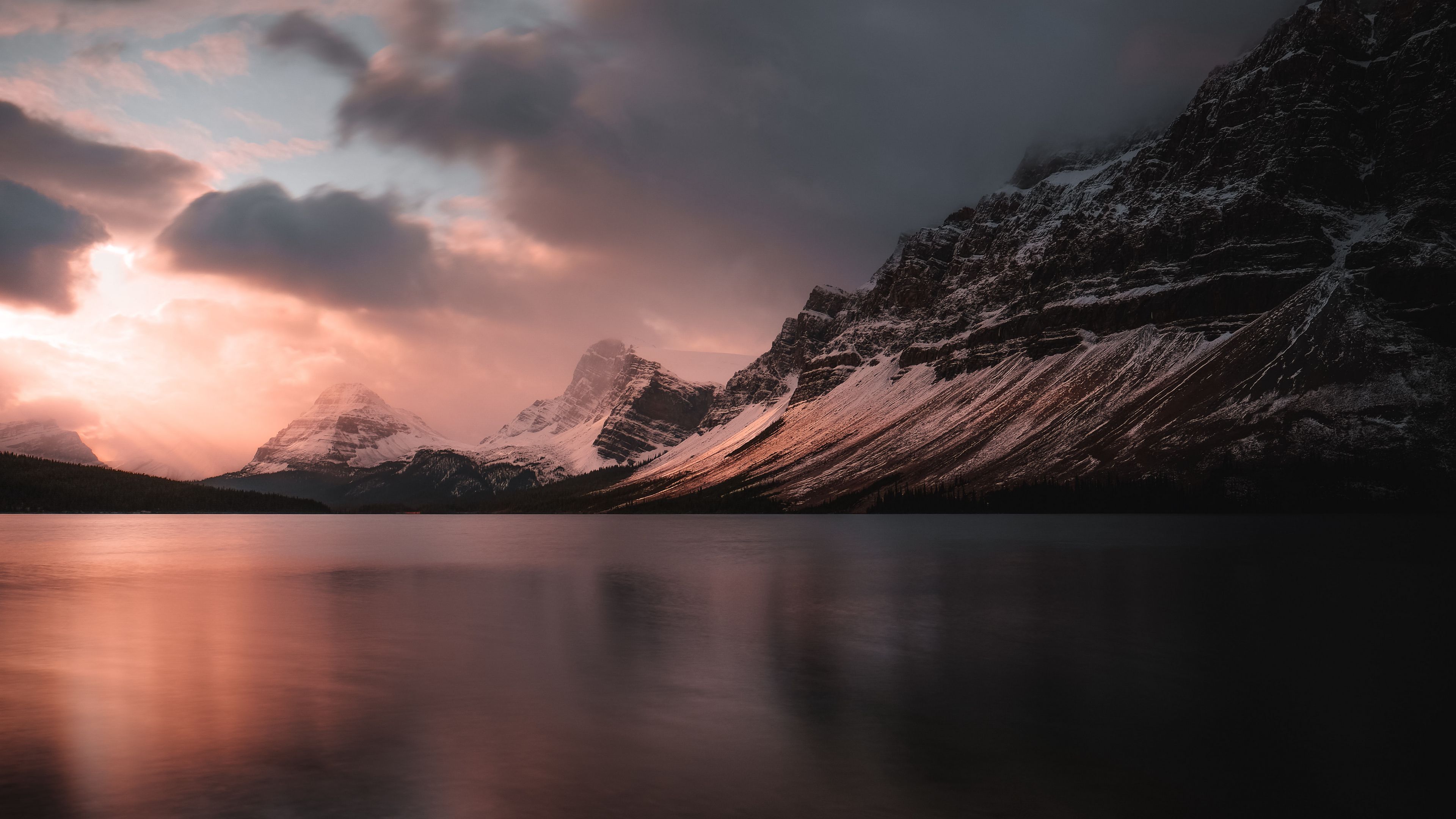 lake, mountains, sunset, dusk, landscape, 4k, HD Wallpaper