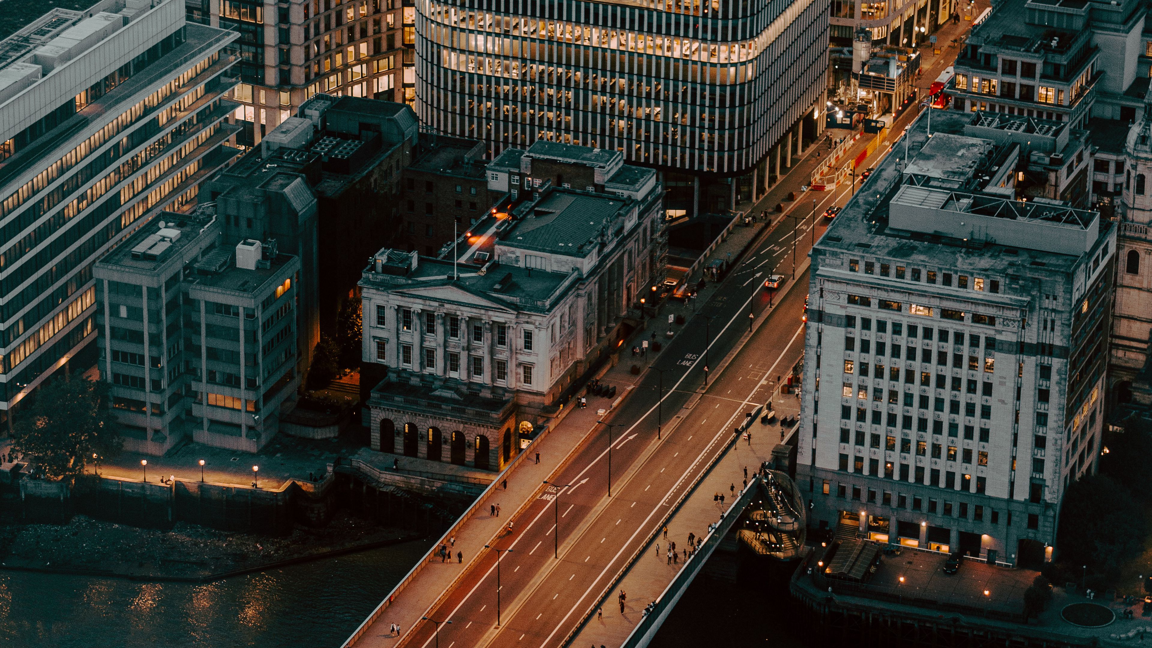 city, aerial view, buildings, bridge, architecture, urban, 4k, HD Wallpaper