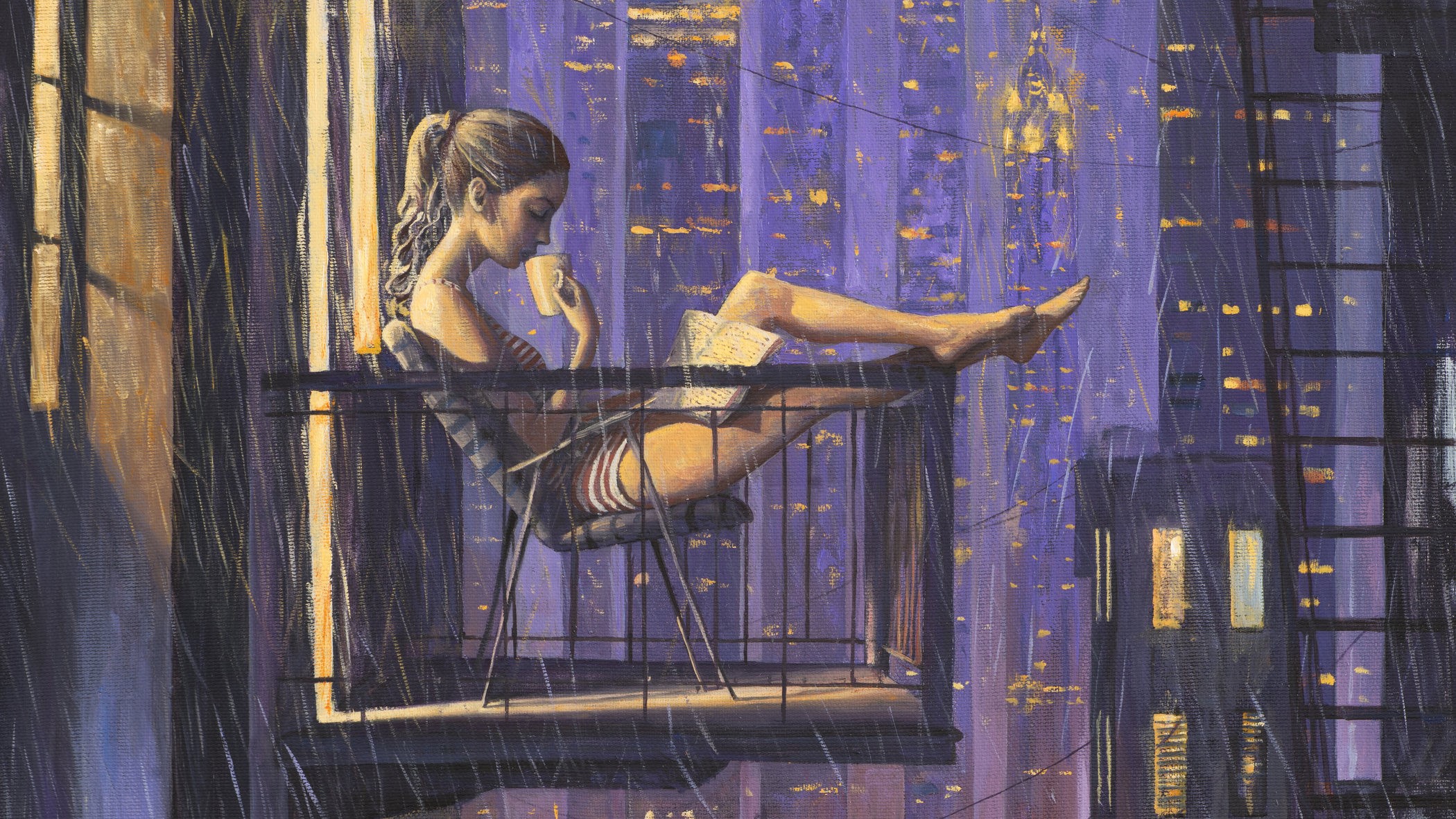 artist, artwork, digital art, hd, balcony, painting, coffee, book, deviantart, HD Wallpaper