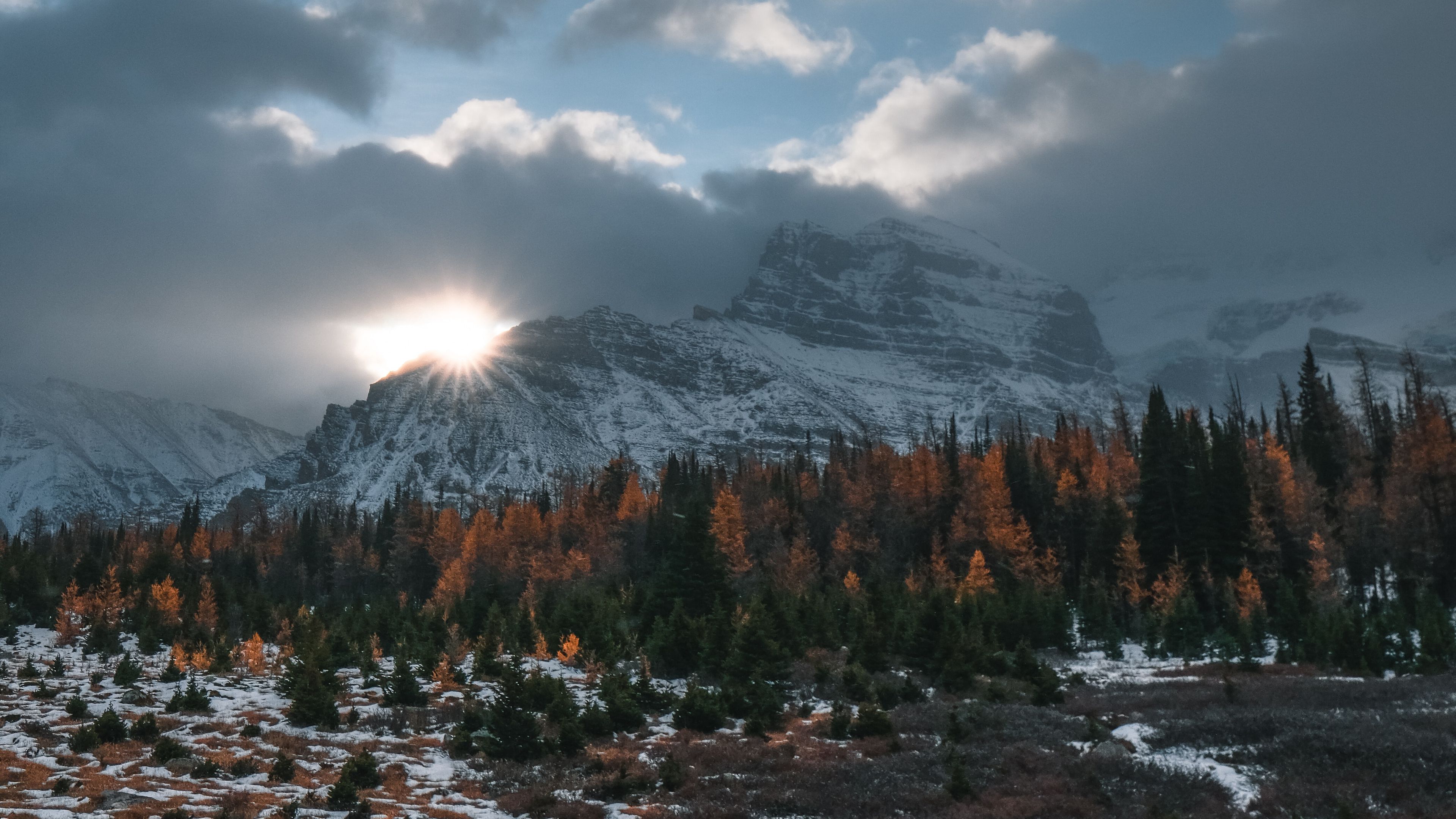 mountains, trees, clouds, sun, aerial view, landscape, 4k, HD Wallpaper