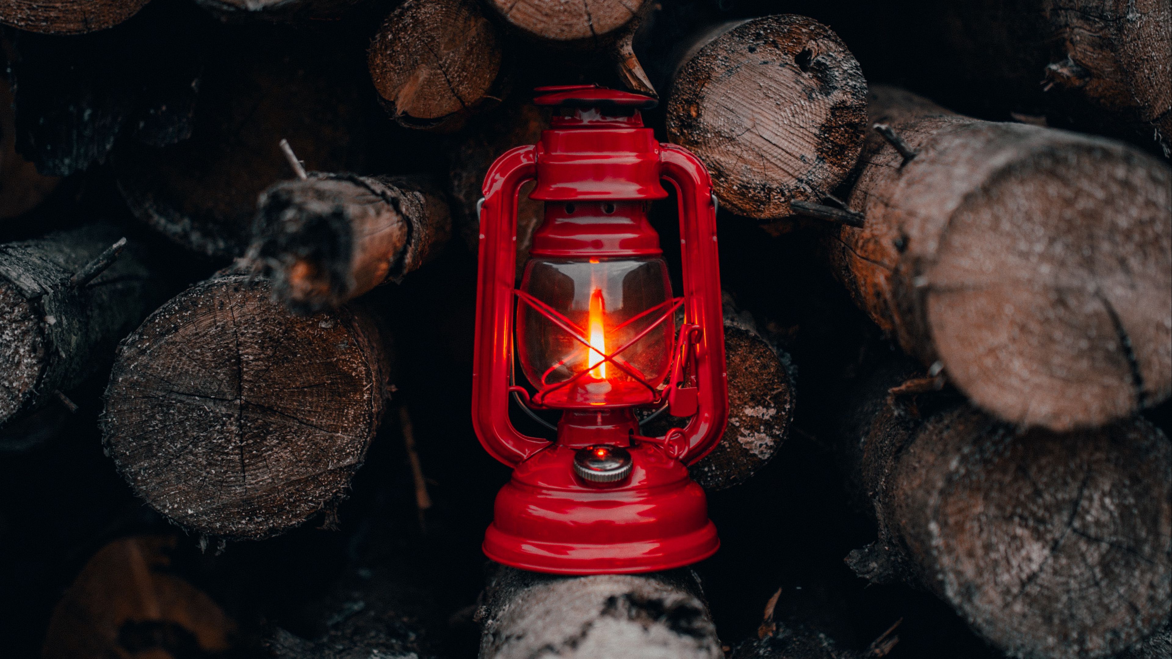 lantern, red, firewood, fire, light, 4k, HD Wallpaper