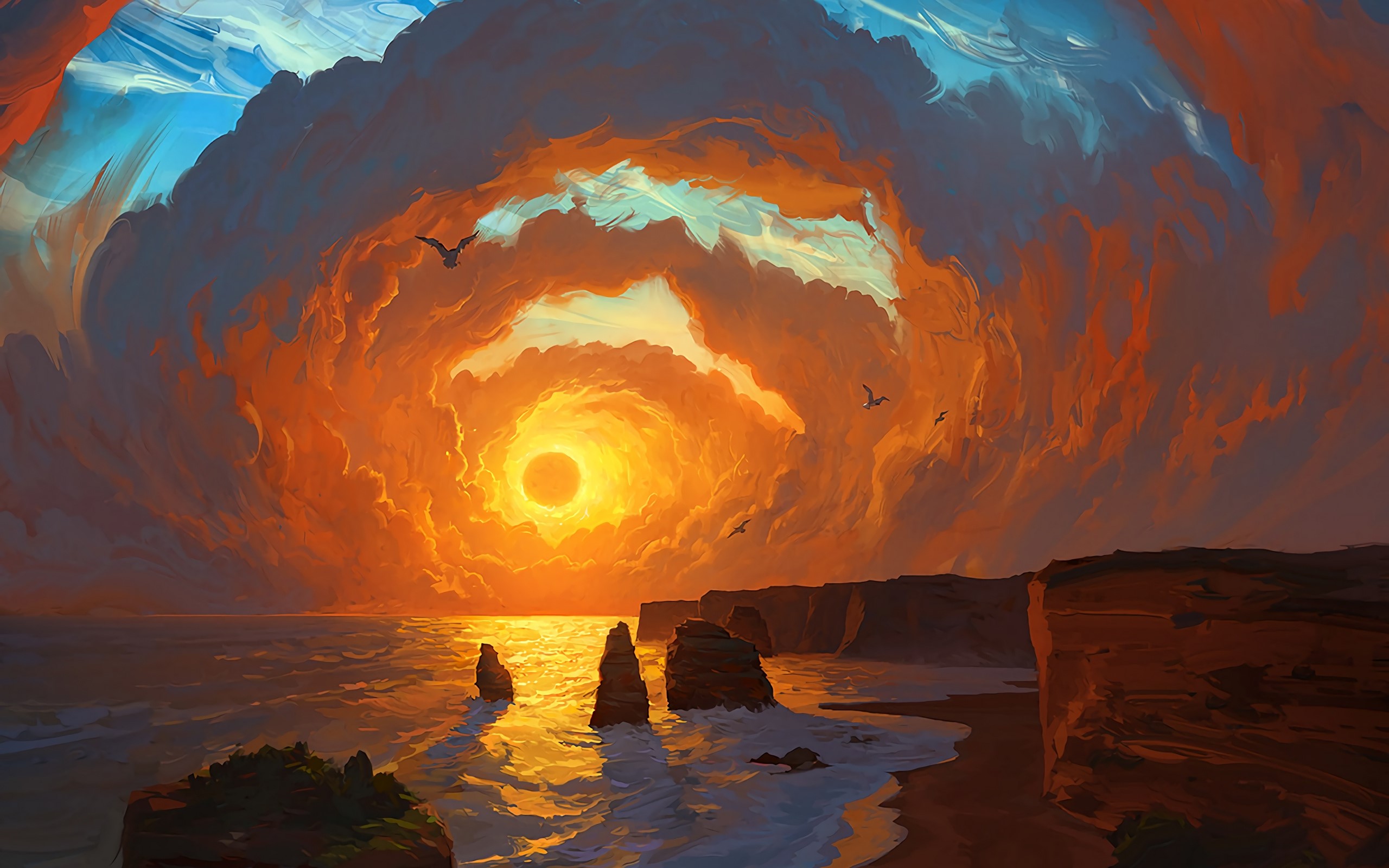 landscape, sunset, sea, clouds, artist, artwork, digital art, hd, HD Wallpaper