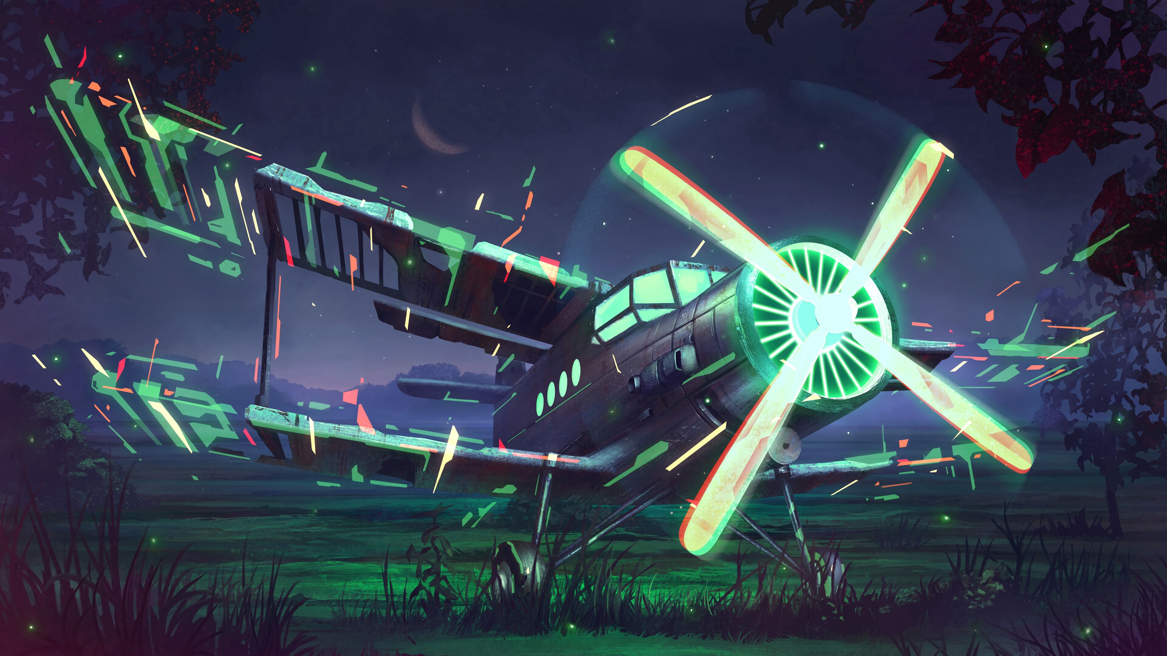 airplane, propeller, art, glow, night, 4k, HD Wallpaper