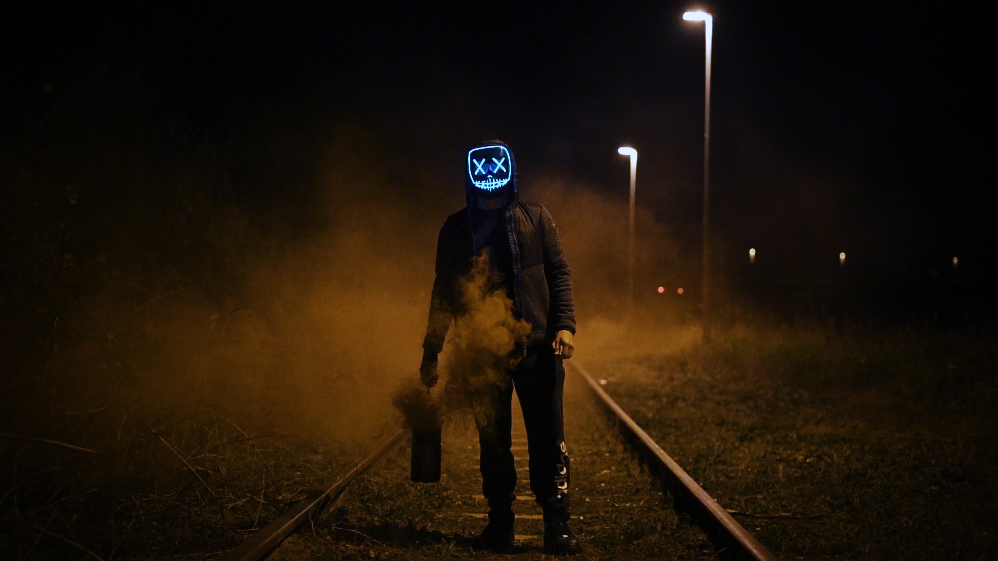 mask, photography, man, railroad, smoke, hd, 4k, HD Wallpaper