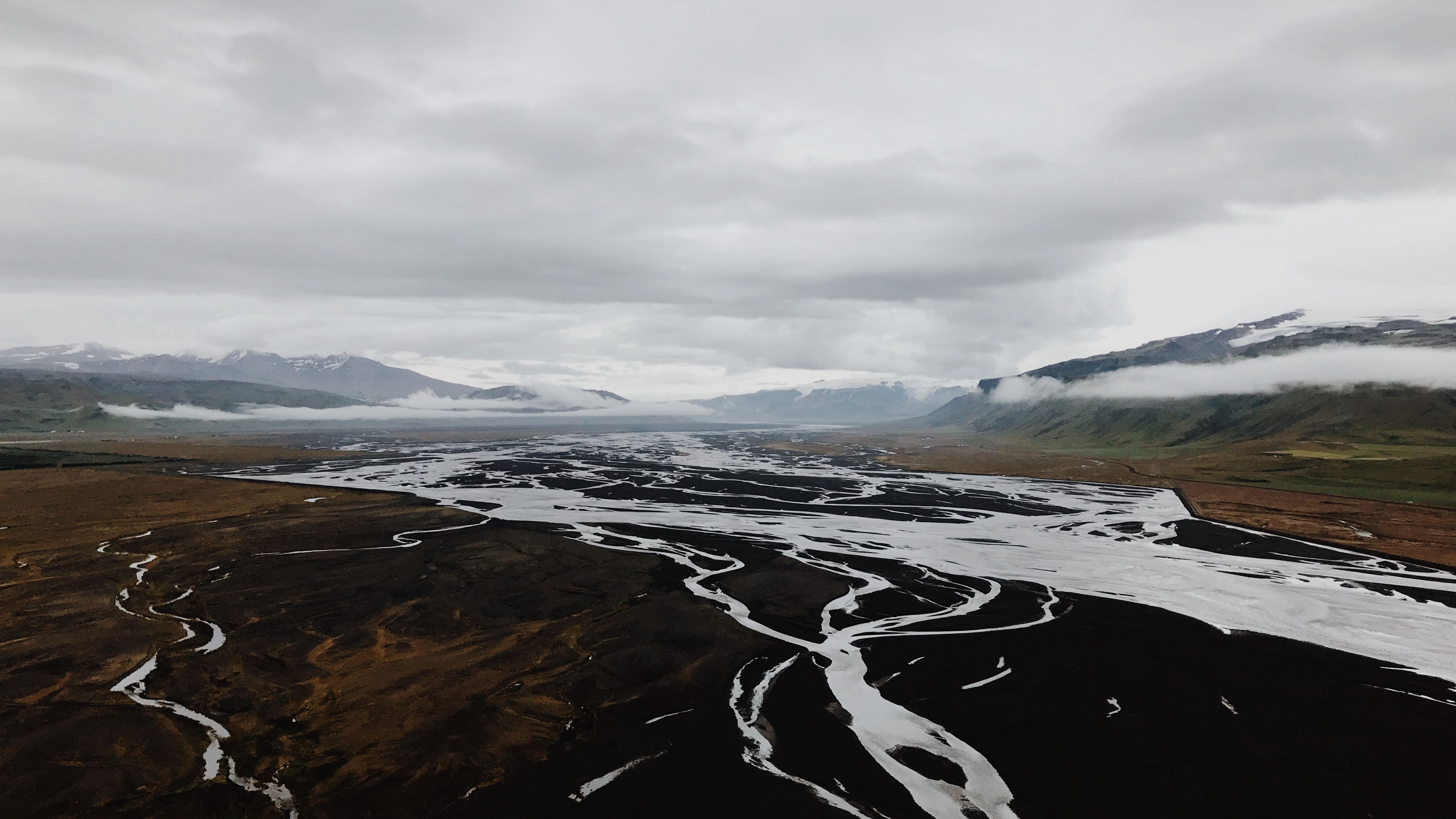river, aerial view, landscape, valley, mountains, clouds, 4k, HD Wallpaper