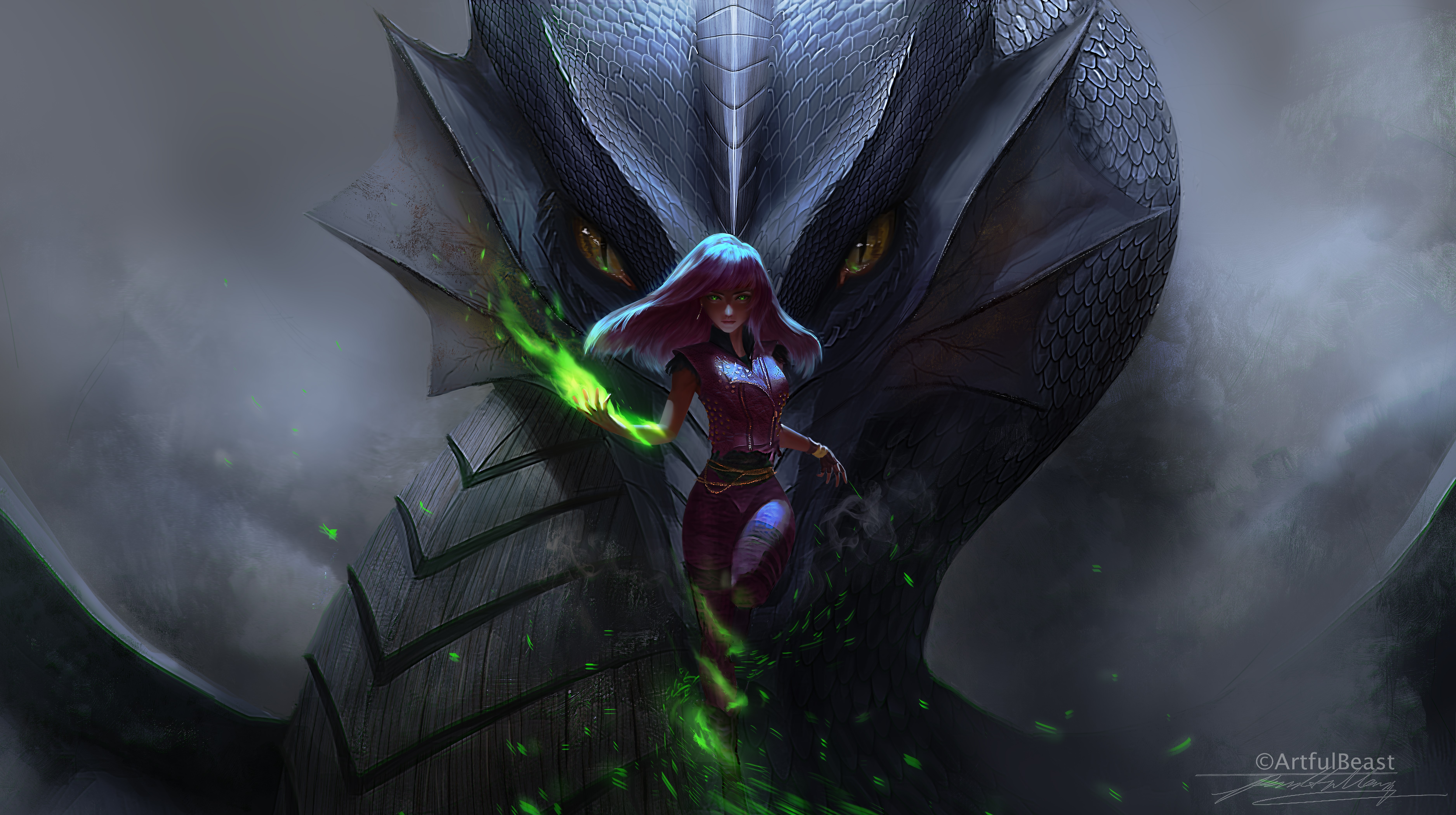 fantasy girls, dragon, creature, artist, artwork, digital art, hd, 4k, 5k, 8k, deviantart, HD Wallpaper
