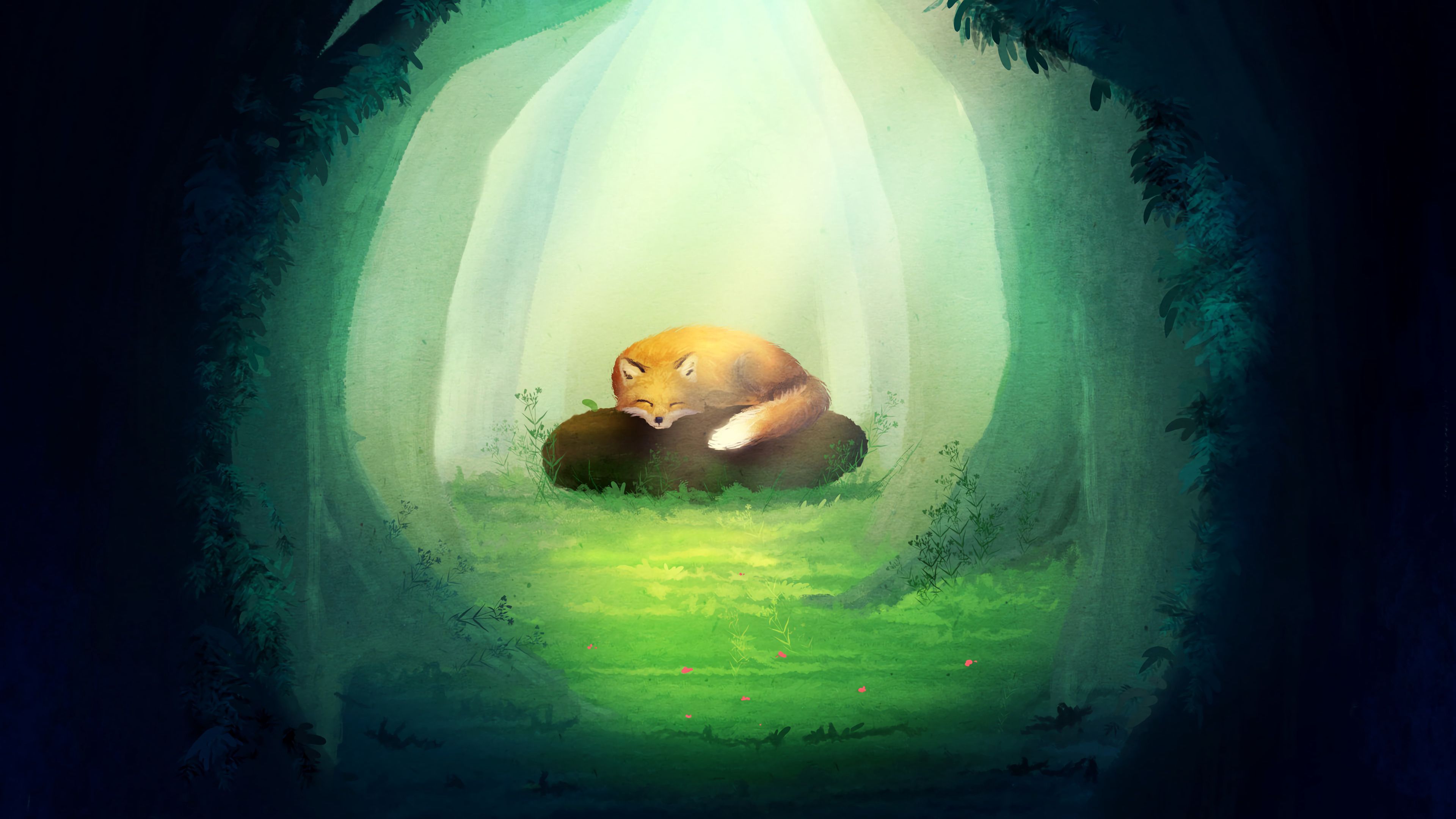 fox, stone, forest, trees, art, 4k, HD Wallpaper