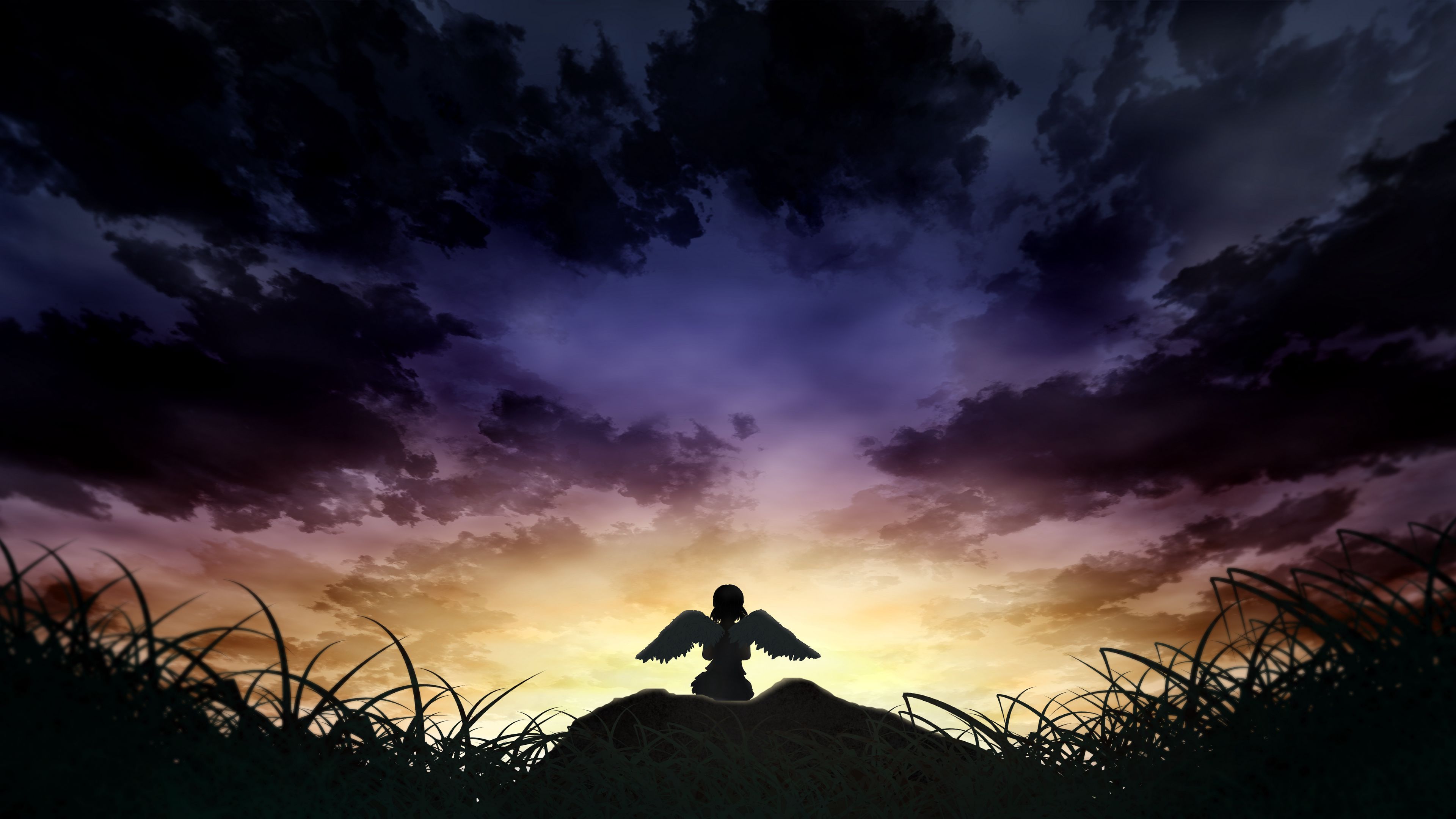 angel, silhouette, sky, light, art, 4k, HD Wallpaper