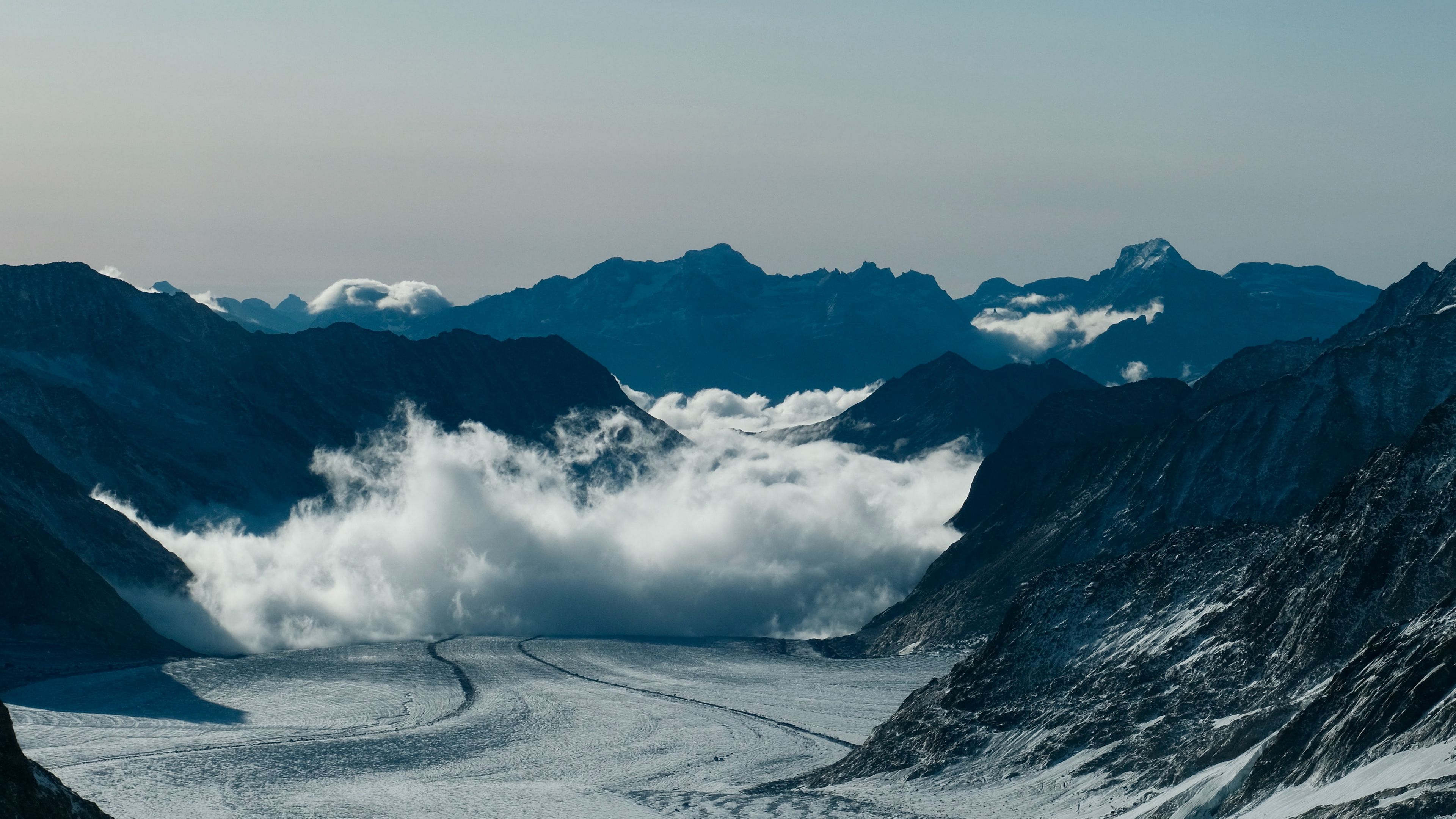 mountains, snow, clouds, rocks, mountain range, 4k, HD Wallpaper