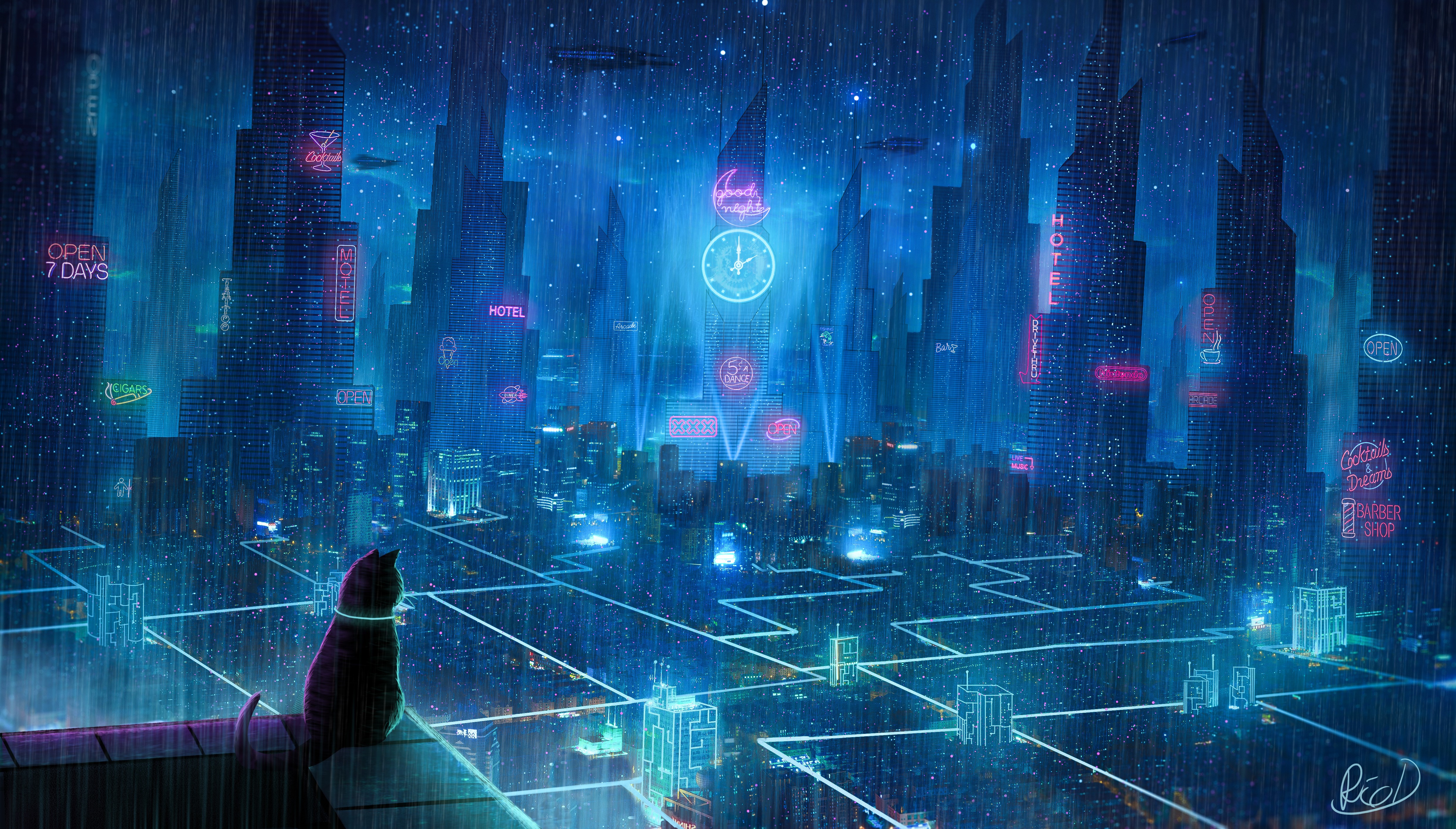 cat, rain, cyberpunk, artist, artwork, digital art, hd, 4k, deviantart, 5k, HD Wallpaper