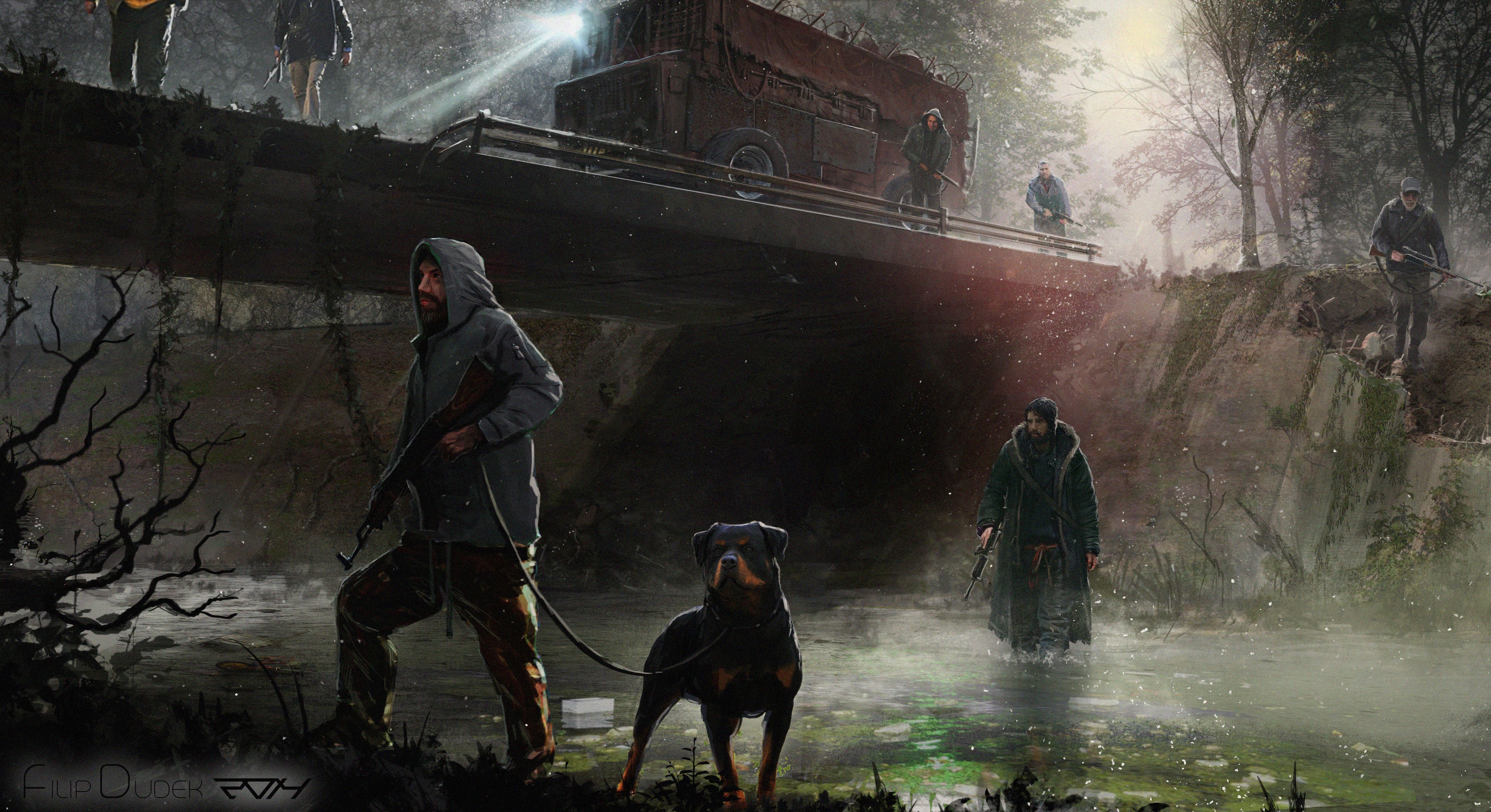 soldier, guns, weapon, artist, artwork, digital art, hd, rottweiler, dog, HD Wallpaper
