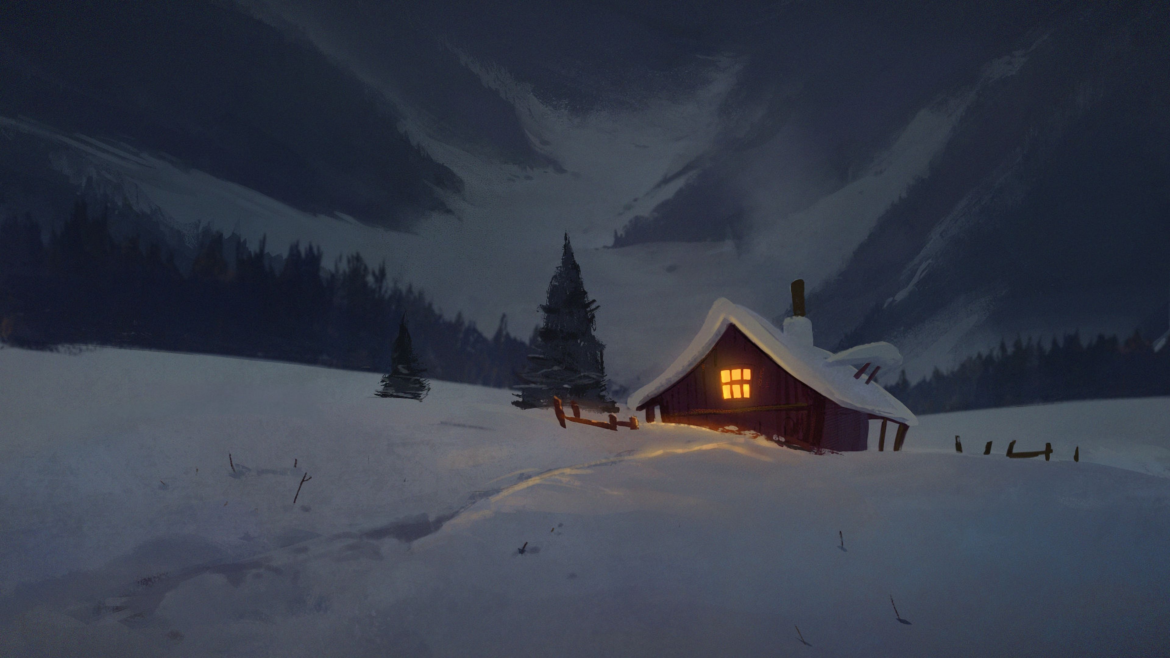 house, hut, night, snow, art, 4k, HD Wallpaper
