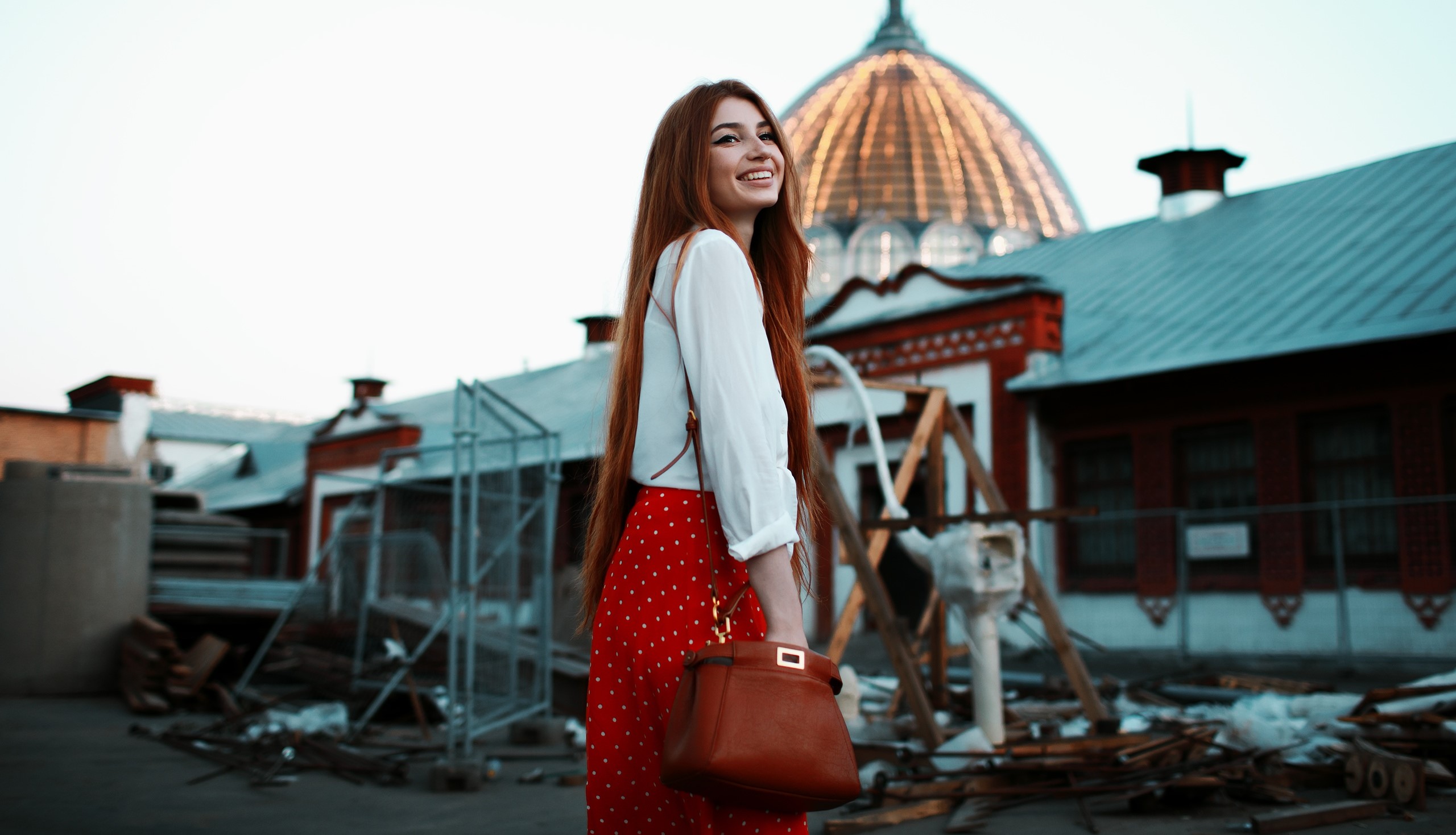 red head, girls, model, hd, smiling, outdoors, HD Wallpaper