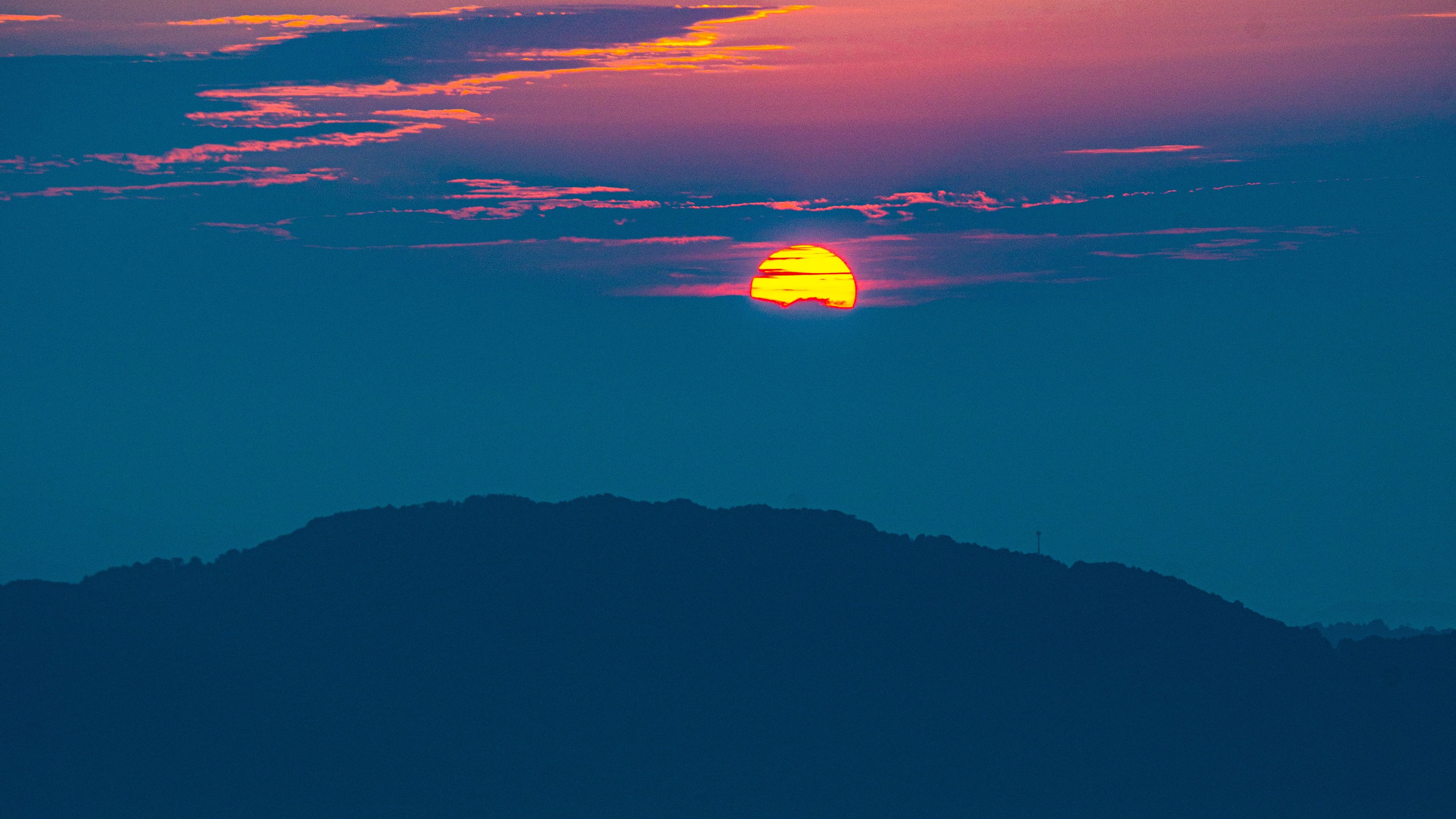 sunset, mountains, hills, clouds, dusk, 4k, HD Wallpaper