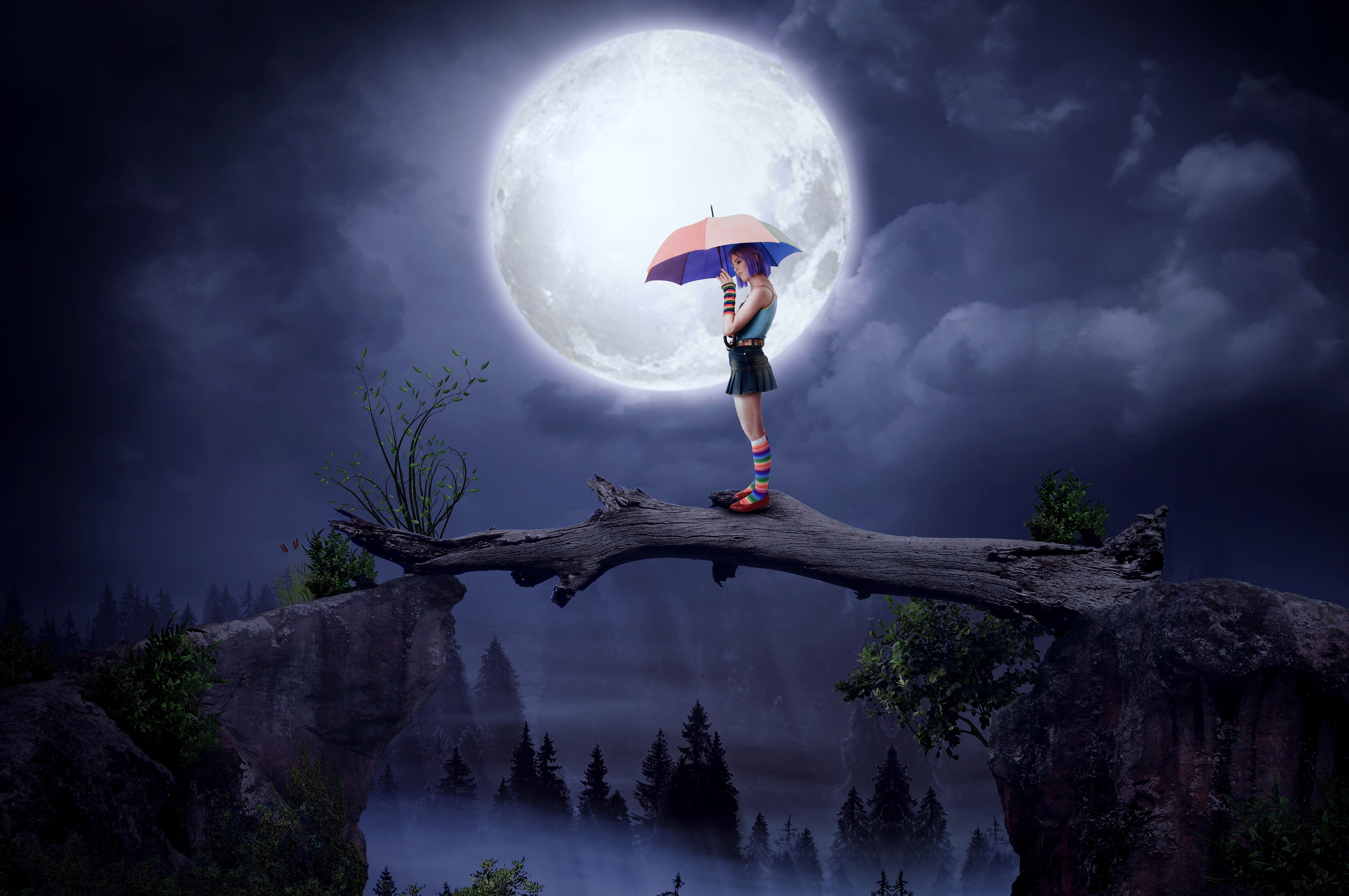 girl, moon, artist, artwork, digital art, hd, 4k, 5k, deviantart, umbrella, HD Wallpaper