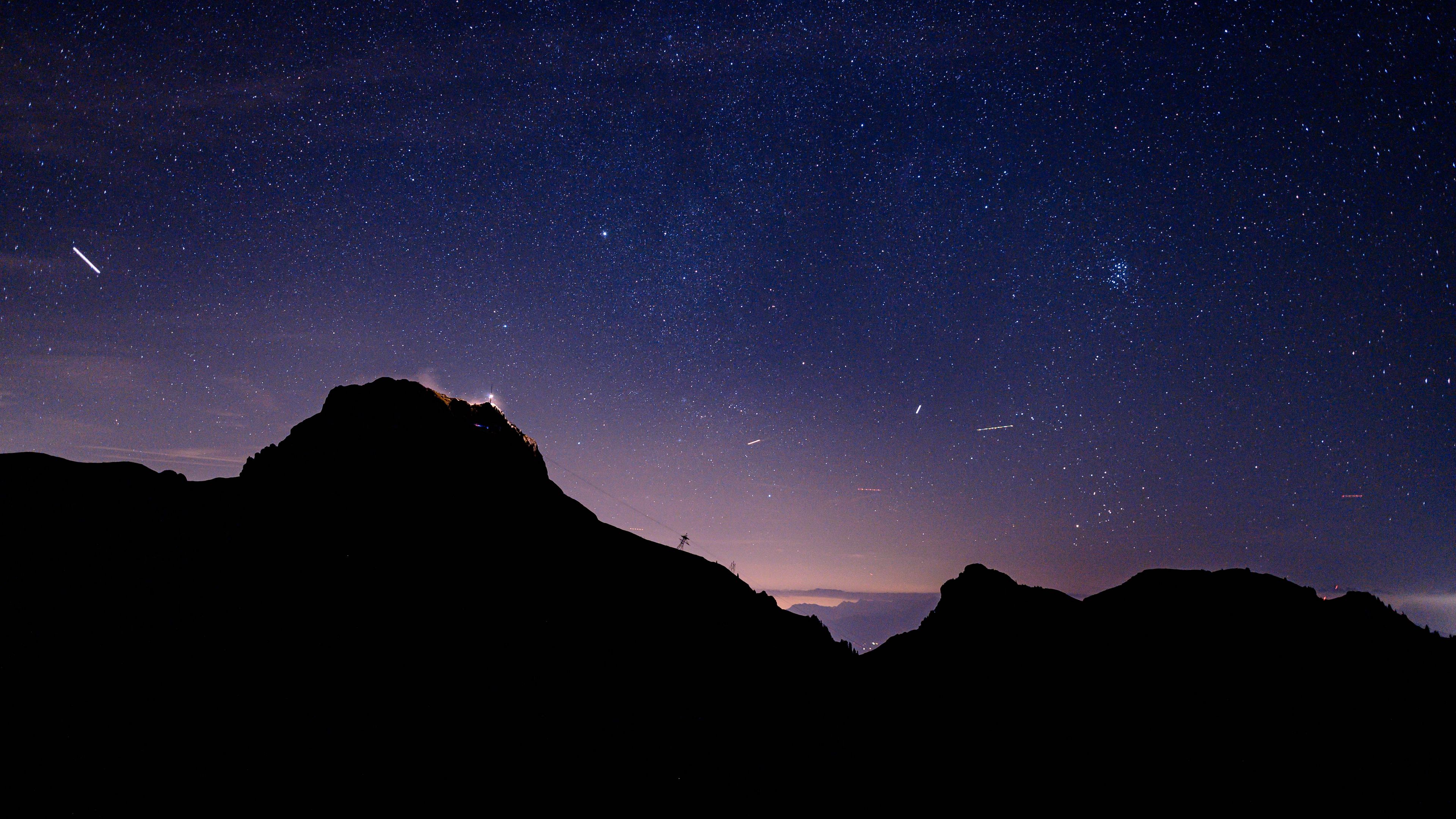 mountains, night, dark, starry sky, stars, 4k, HD Wallpaper