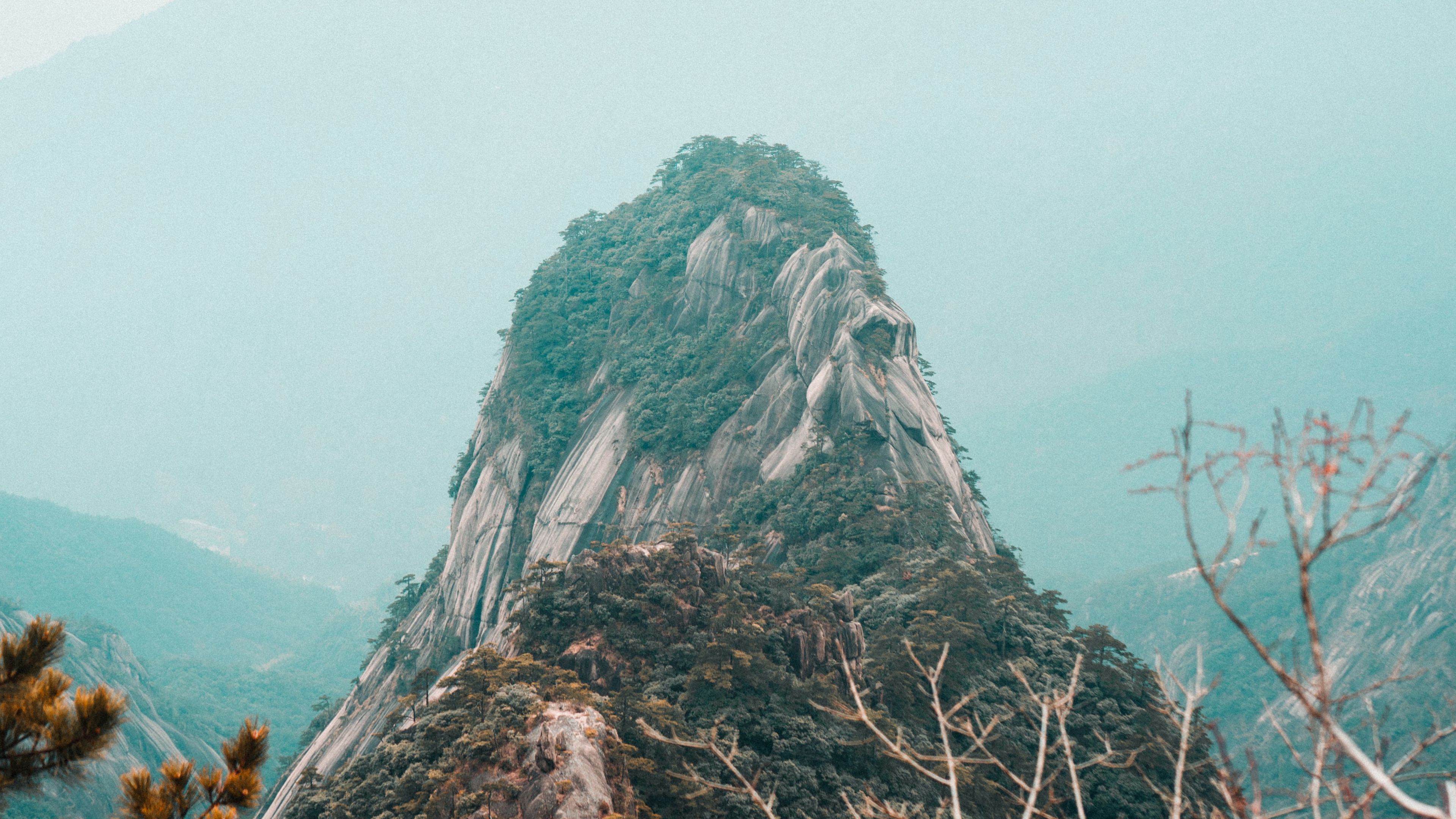 mountains, rock, peak, fog, landscape, 4k, HD Wallpaper