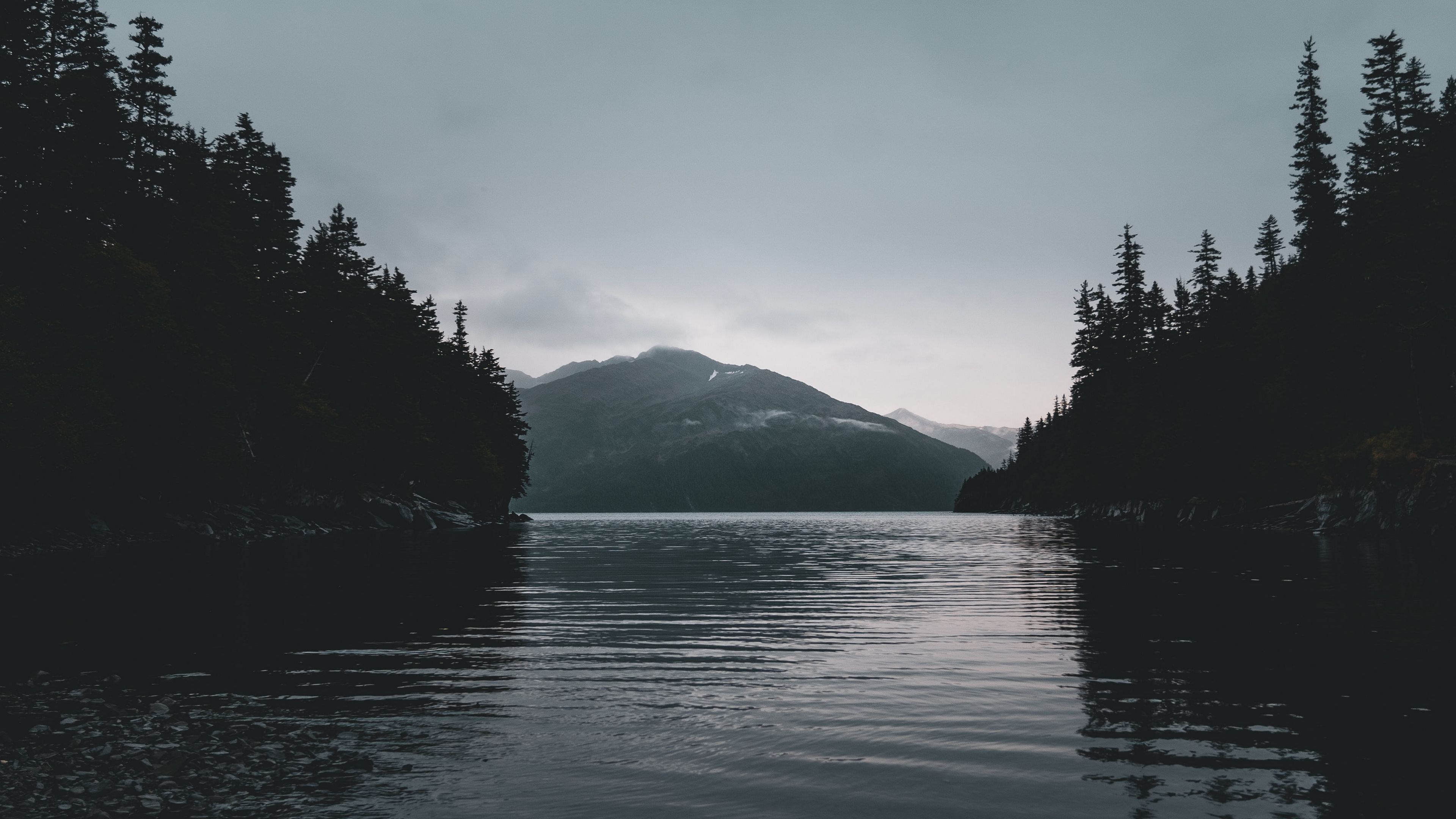 river, mountains, trees, shore, dark, 4k, HD Wallpaper