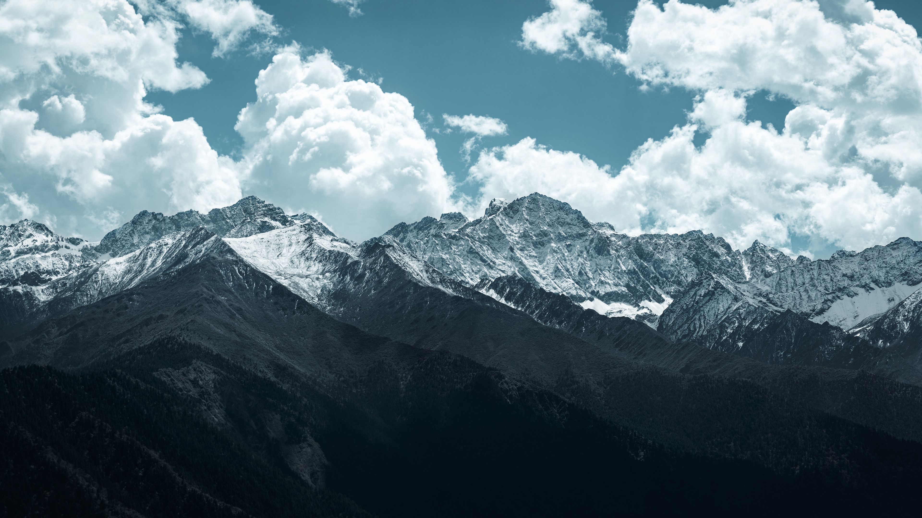 mountains, peaks, clouds, snowy, landscape, 4k, HD Wallpaper