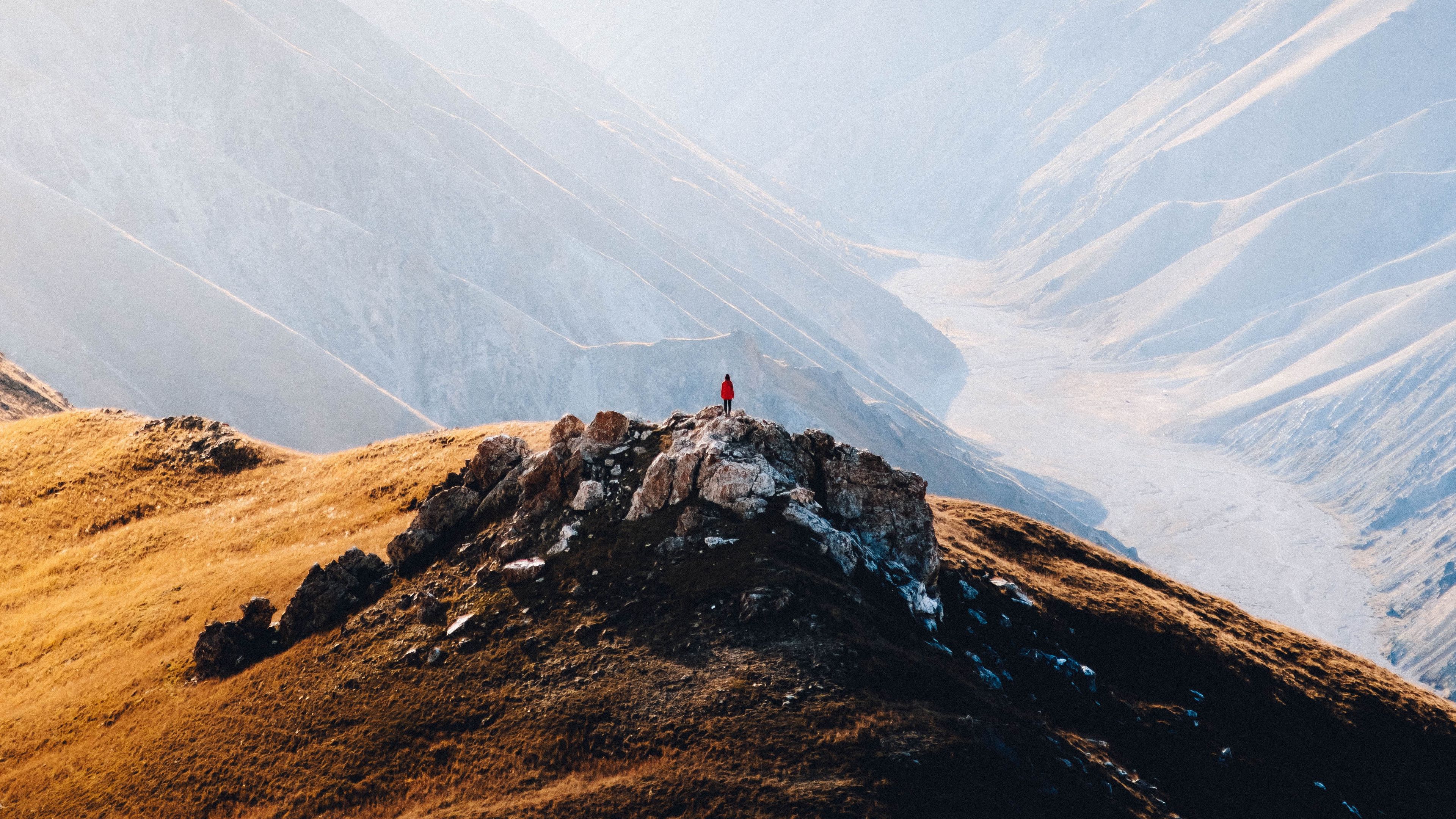 mountains, peak, silhouette, loneliness, fog, 4k, HD Wallpaper