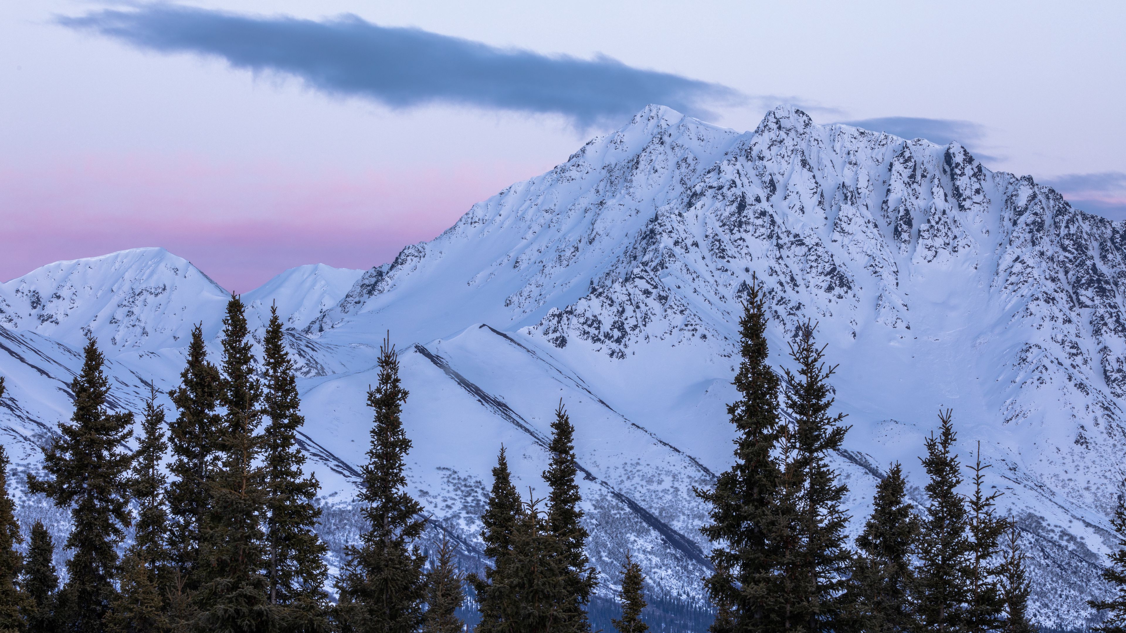 mountains, trees, snow, snowy, landscape, 4k, HD Wallpaper