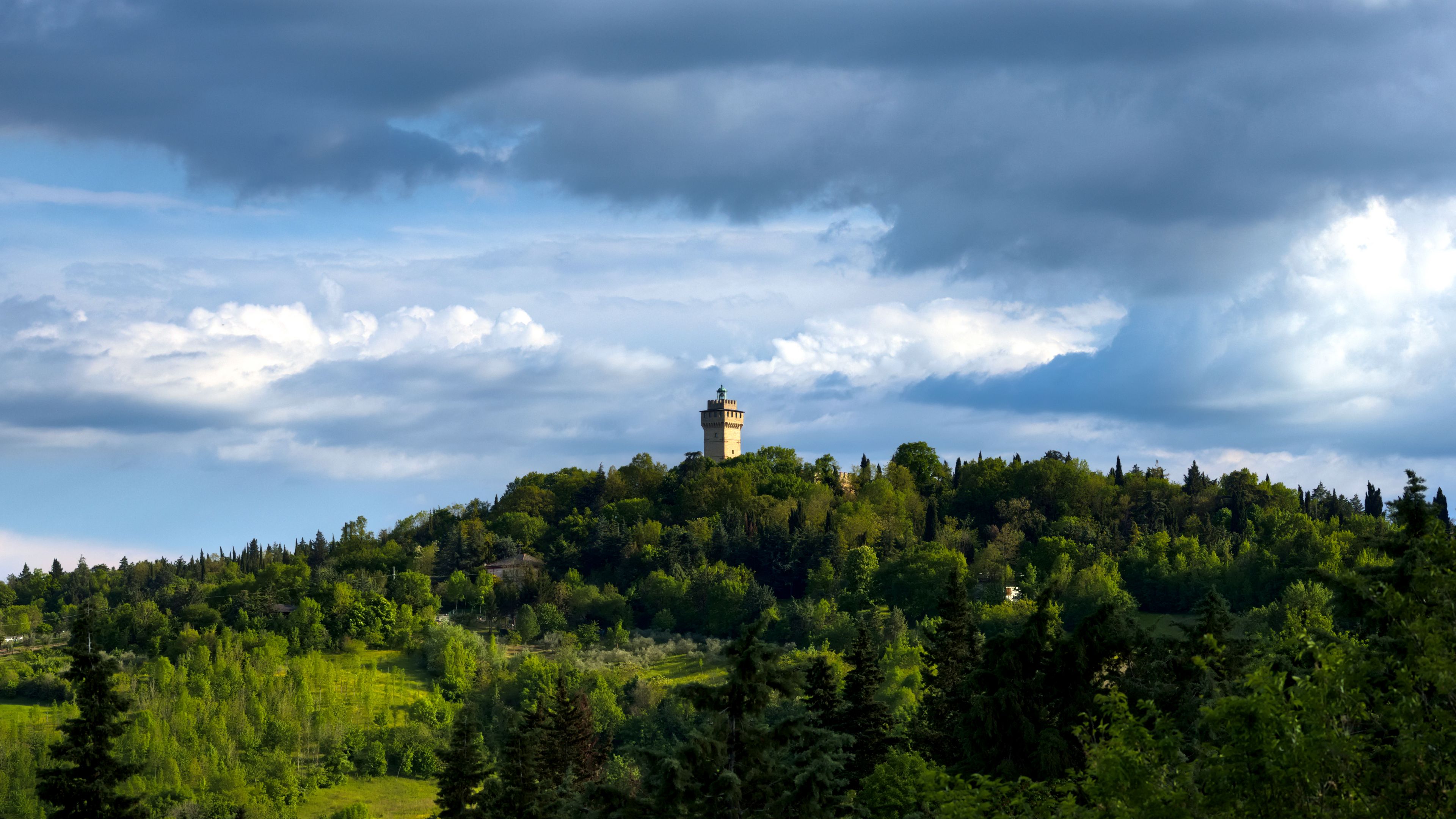 tower, building, trees, hill, nature, 4k, HD Wallpaper