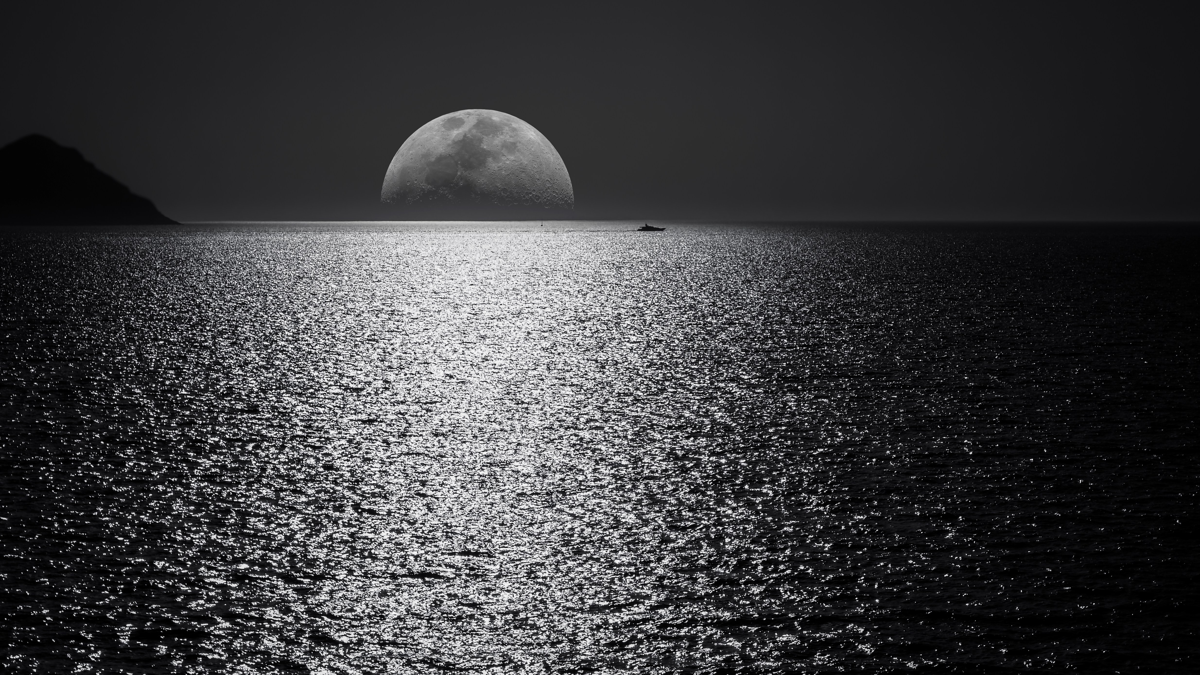 monochrome, black and white, dark, moon, nature, hd, 4k, HD Wallpaper