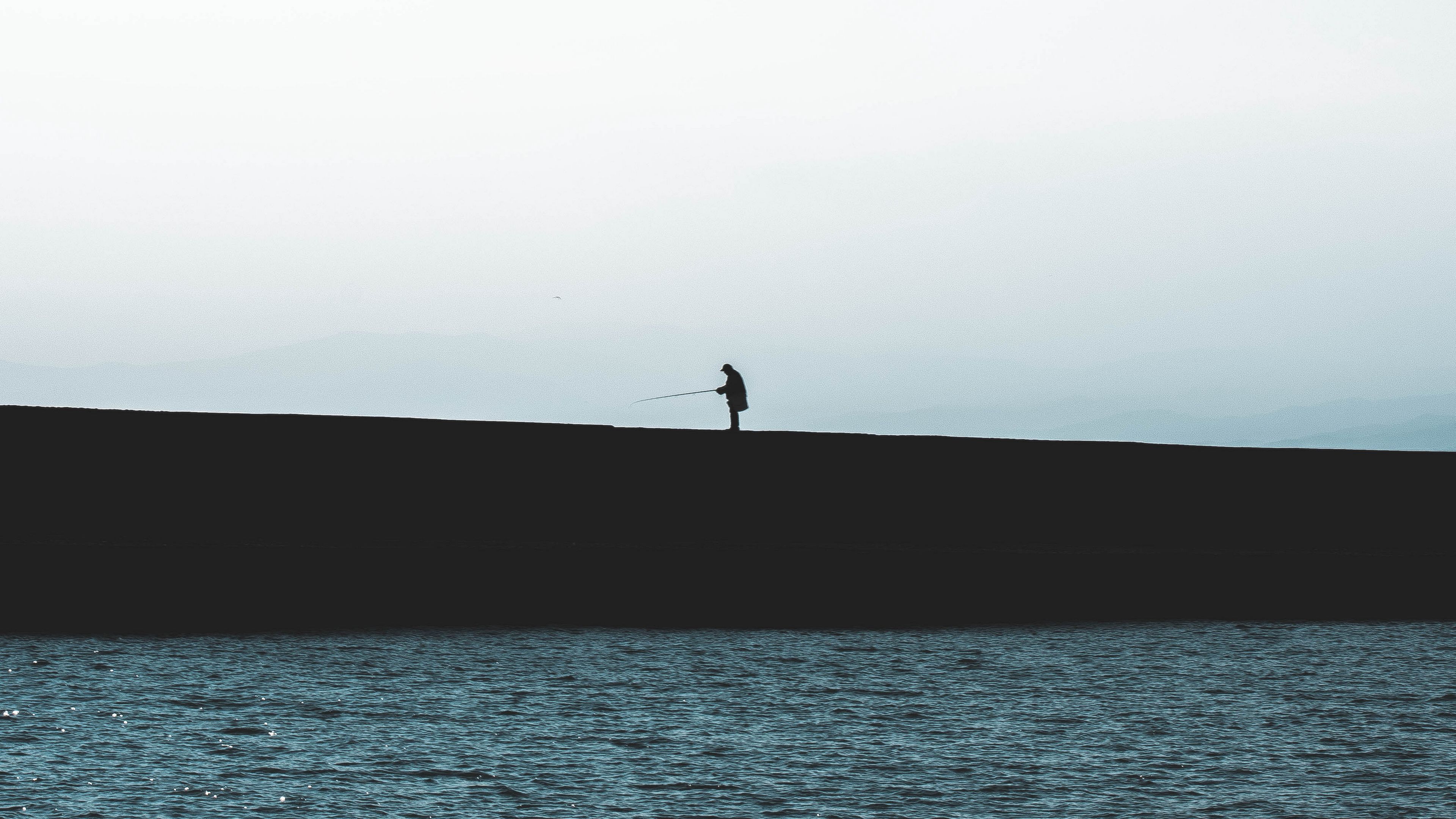 silhouette, coast, dark, sea, fisherman, 4k, HD Wallpaper