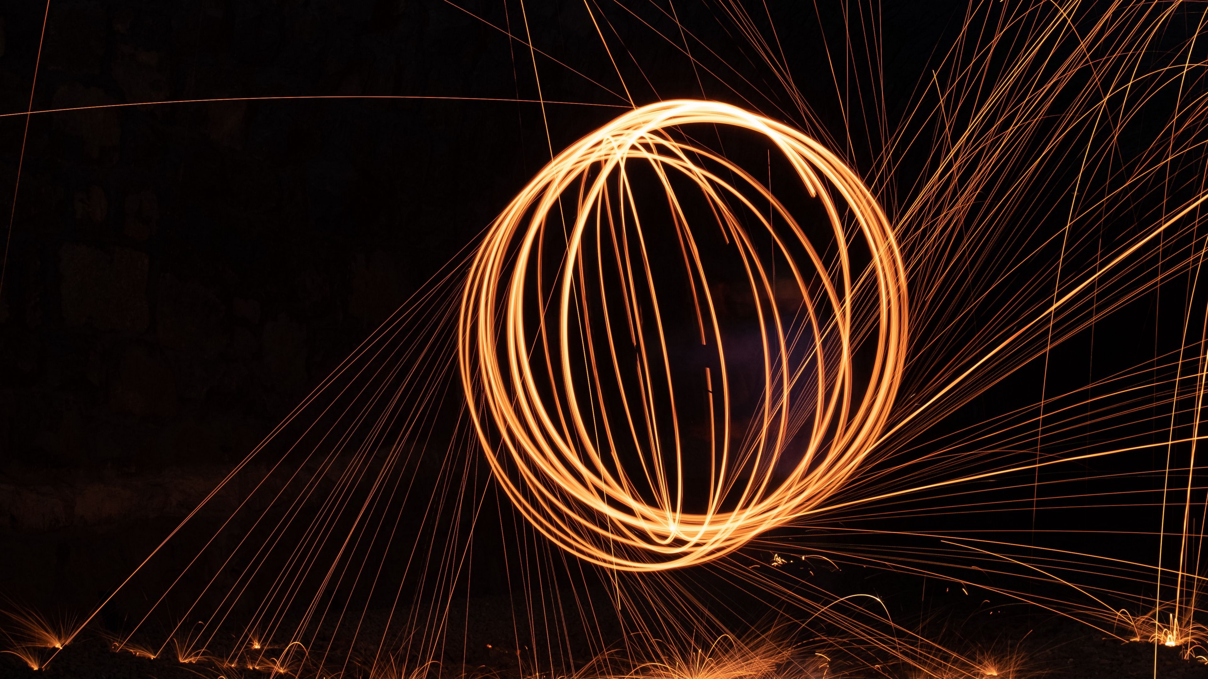 fire, sparks, light, long exposure, darkness, 4k, HD Wallpaper