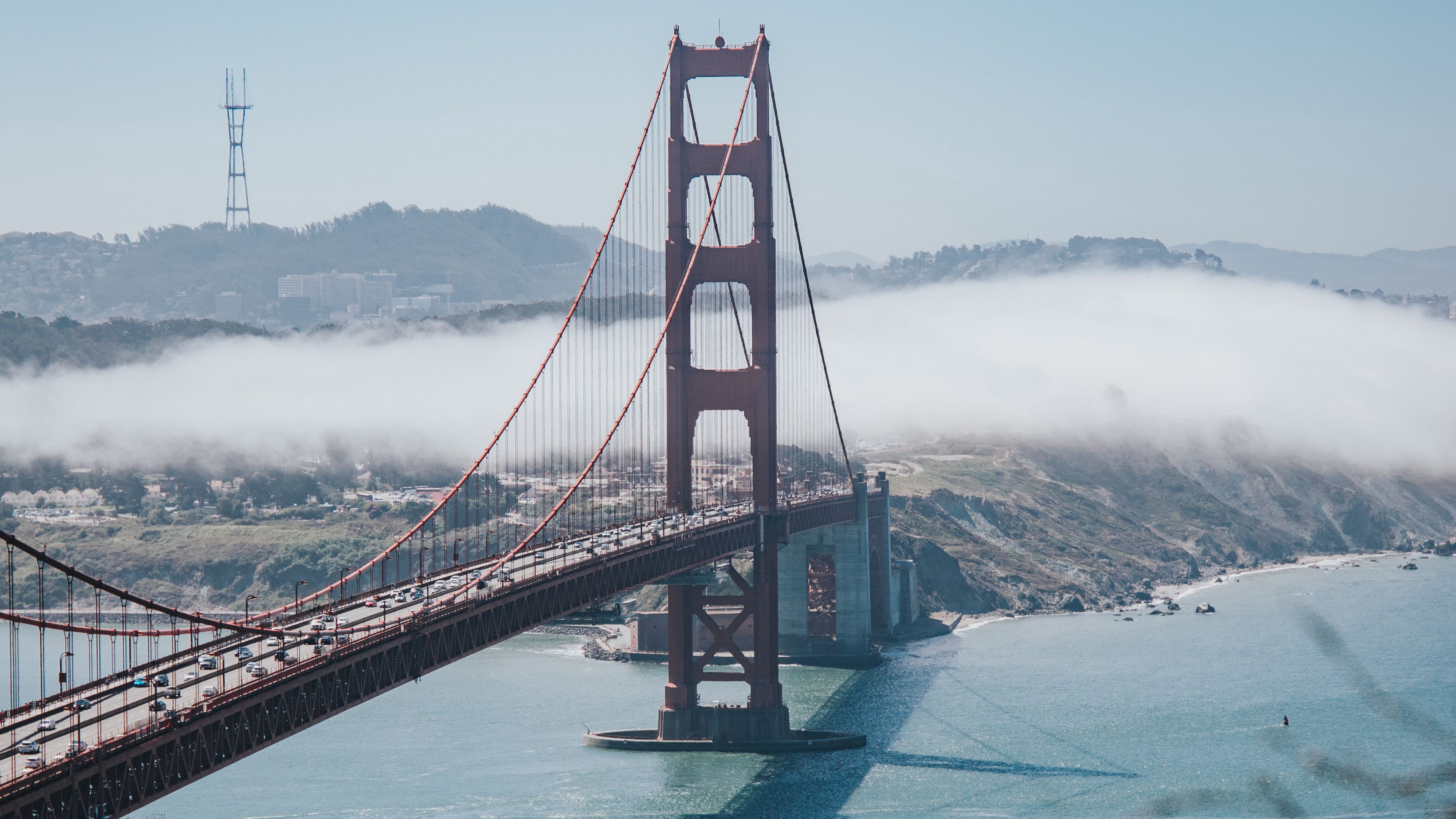 bridge, strait, aerial view, coast, fog, 4k, HD Wallpaper