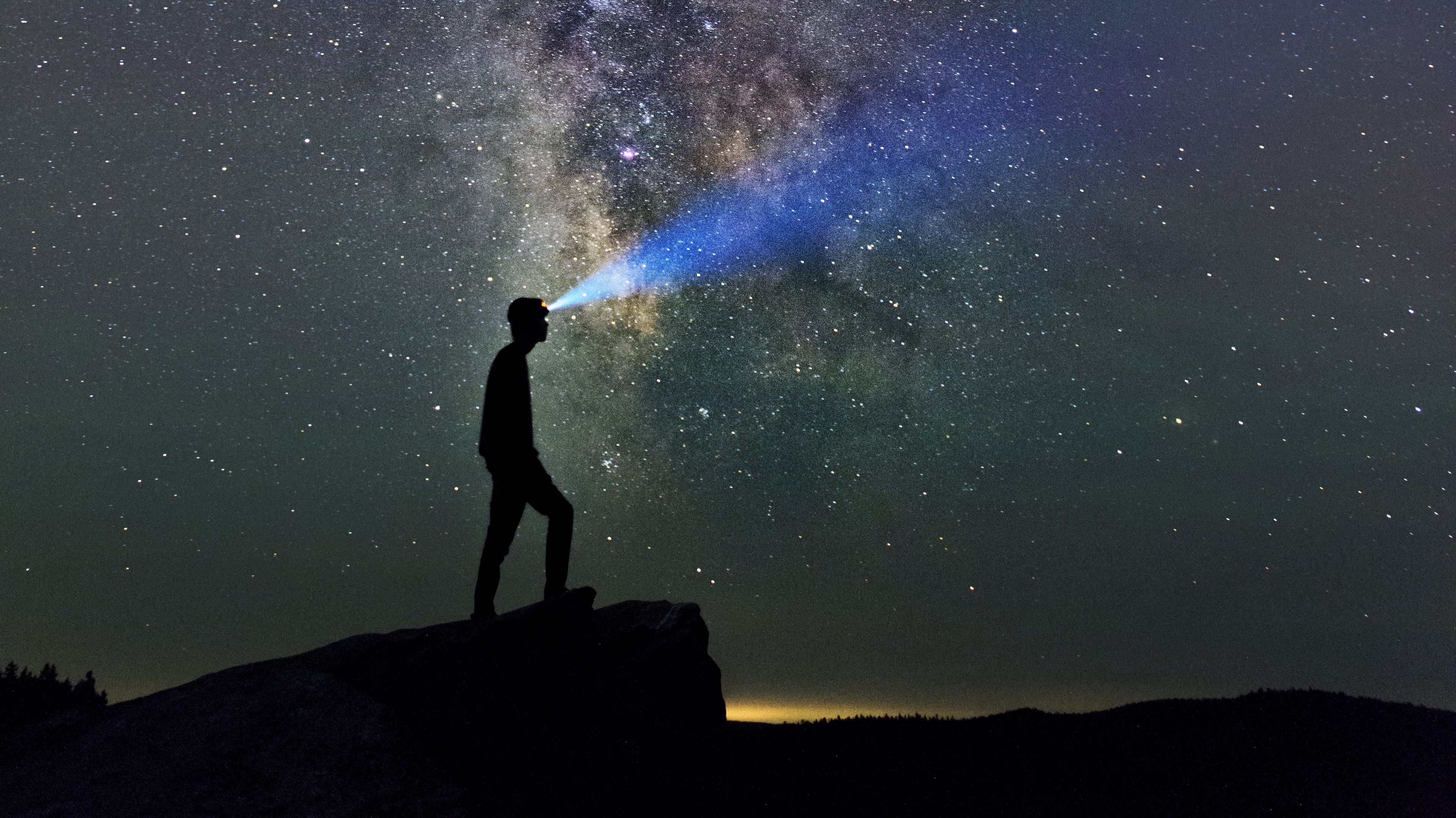 silhouette, loneliness, alone, flashlight, starry sky, 4k, HD Wallpaper
