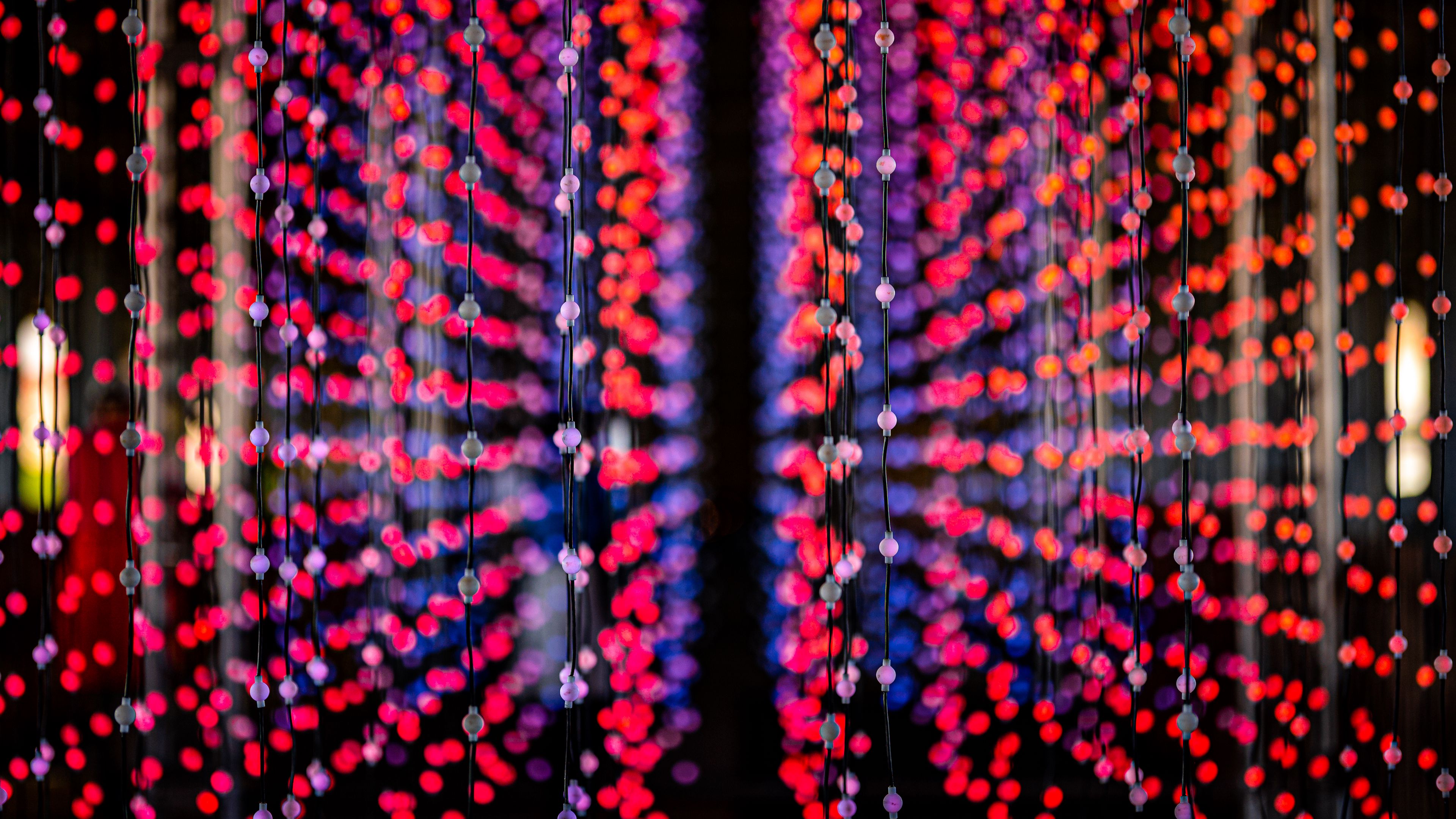 garlands, light, lights, red, blur, 4k, HD Wallpaper