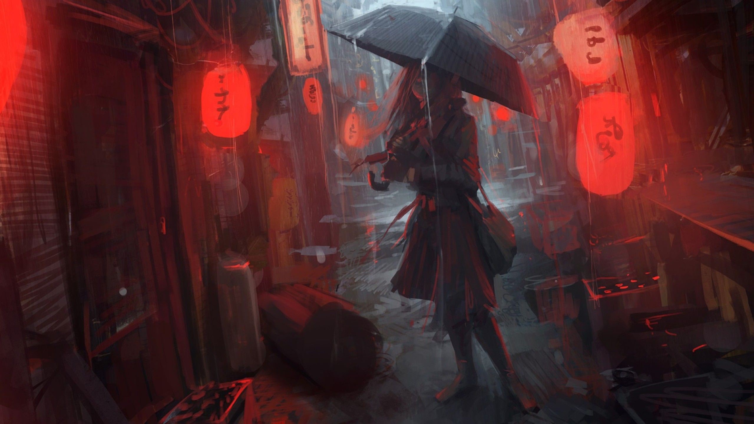 anime girl, anime, artist, artwork, digital art, hd, rain, umbrella, HD Wallpaper