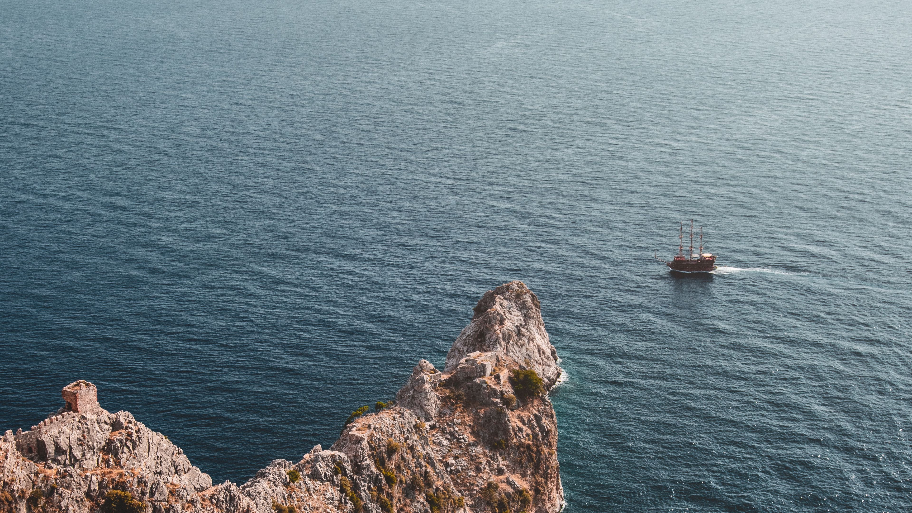 sea, rock, aerial view, ship, water, 4k, HD Wallpaper