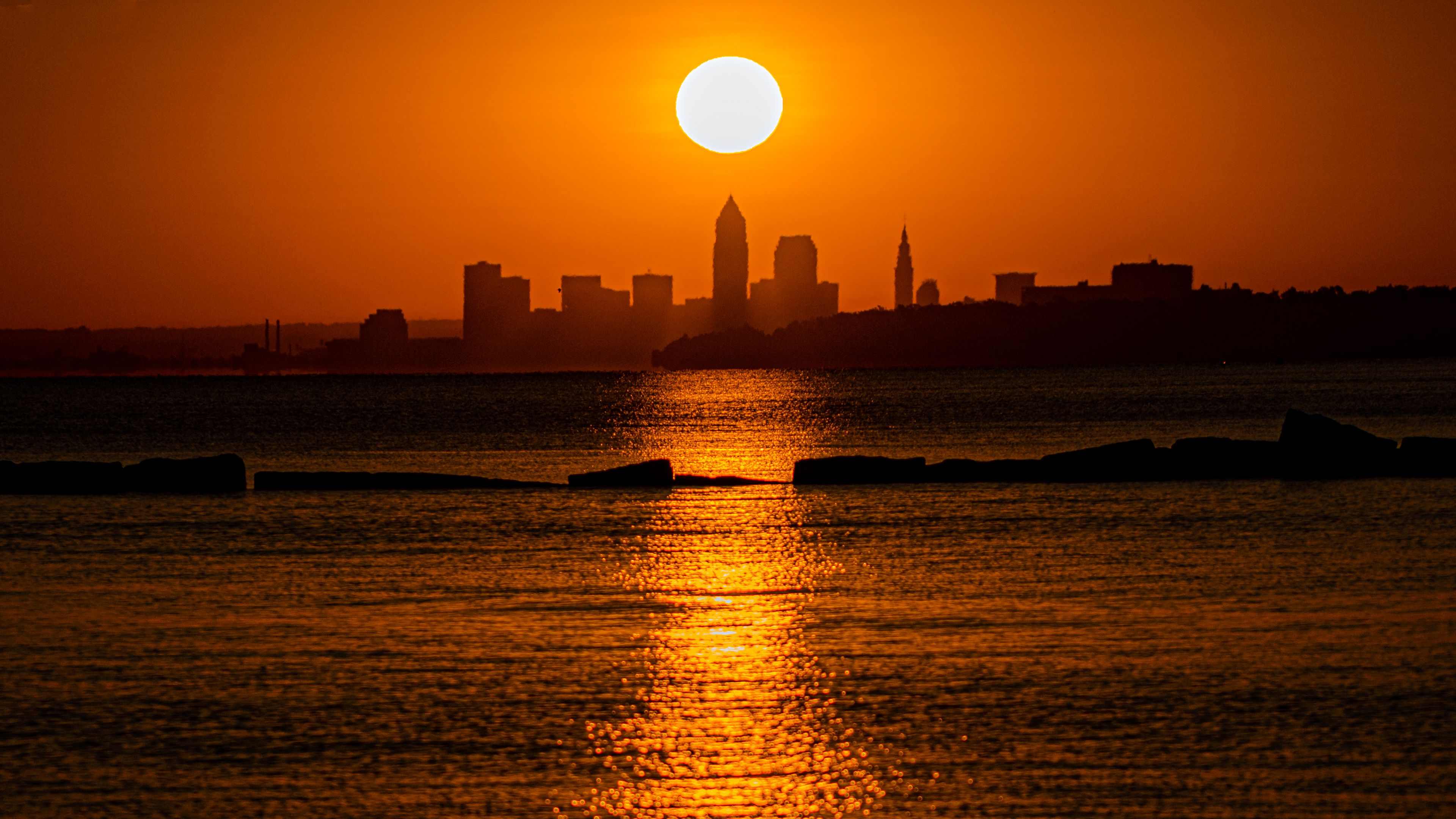 sunset, sea, city, dark, horizon, 4k, HD Wallpaper