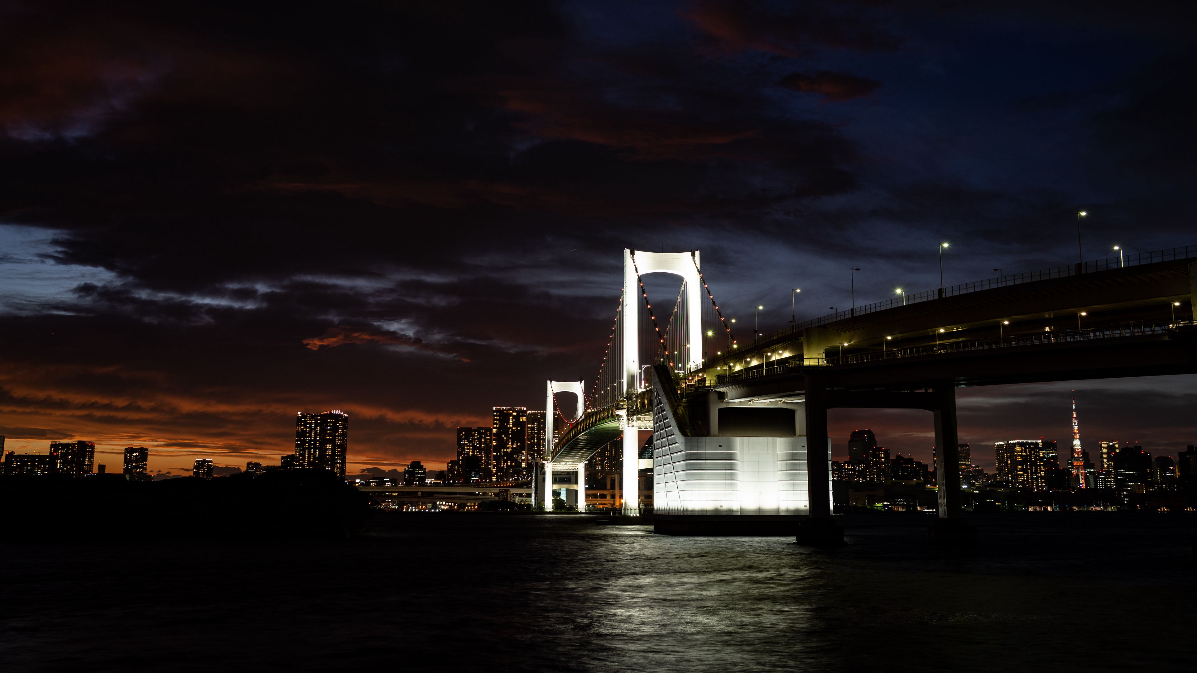 bridge, river, city, dark, backlight, buildings, 4k, HD Wallpaper