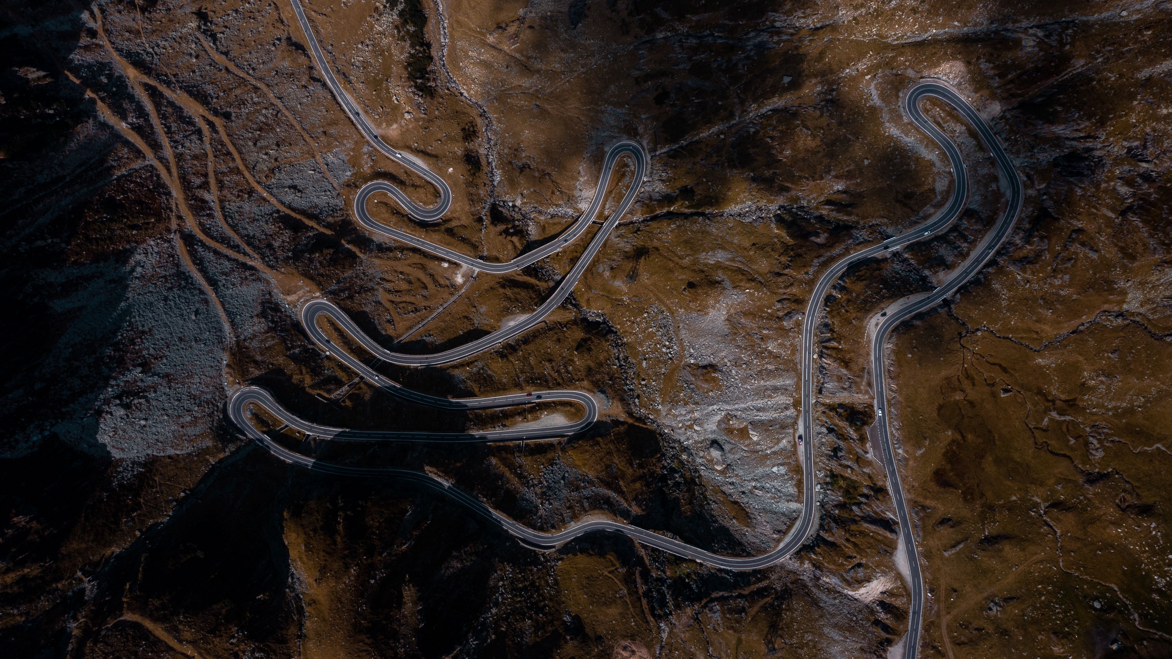 road, serpentine, aerial view, mountains, winding, 4k, HD Wallpaper