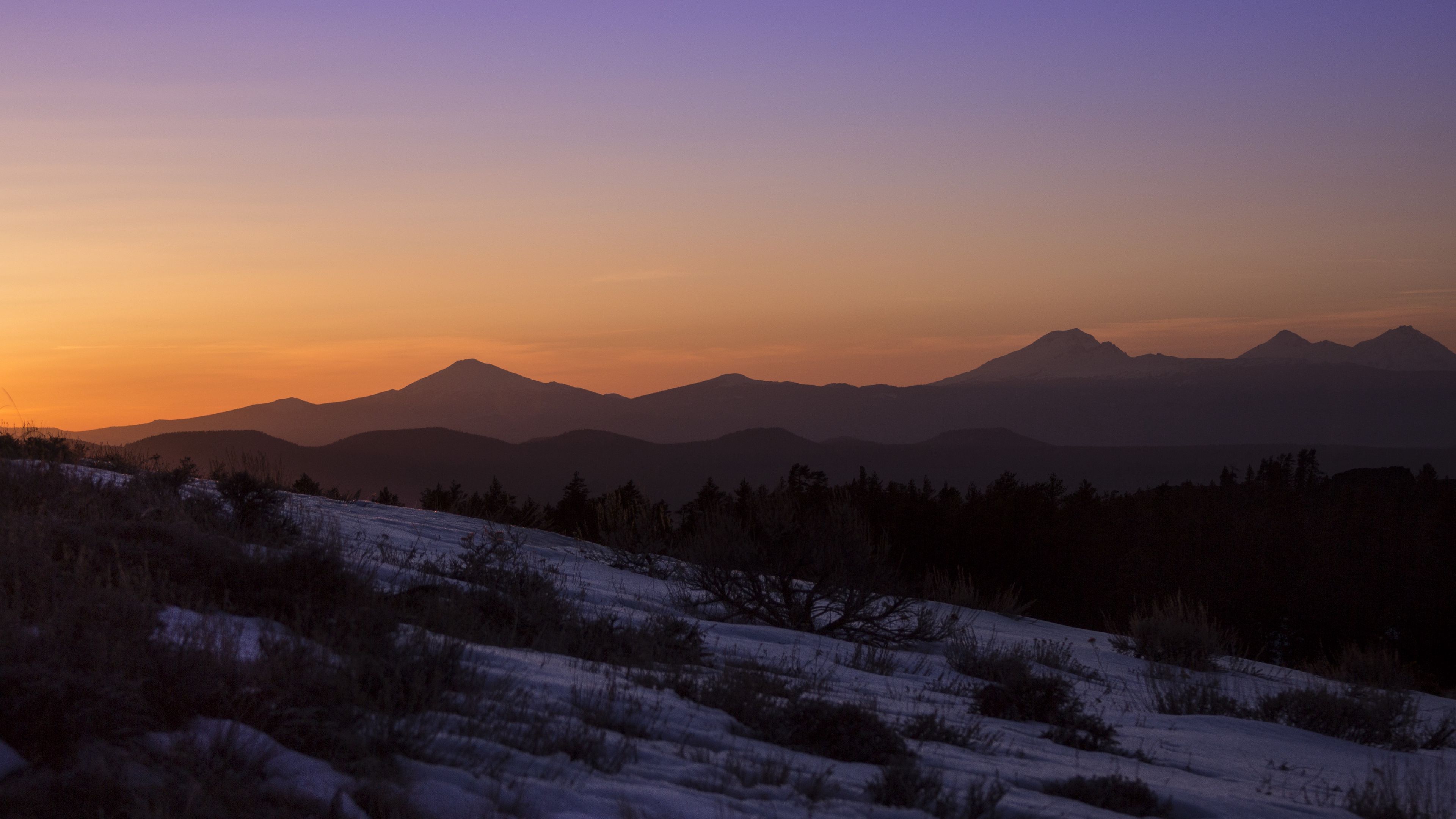 mountains, hills, slope, snow, sunset, 4k, HD Wallpaper