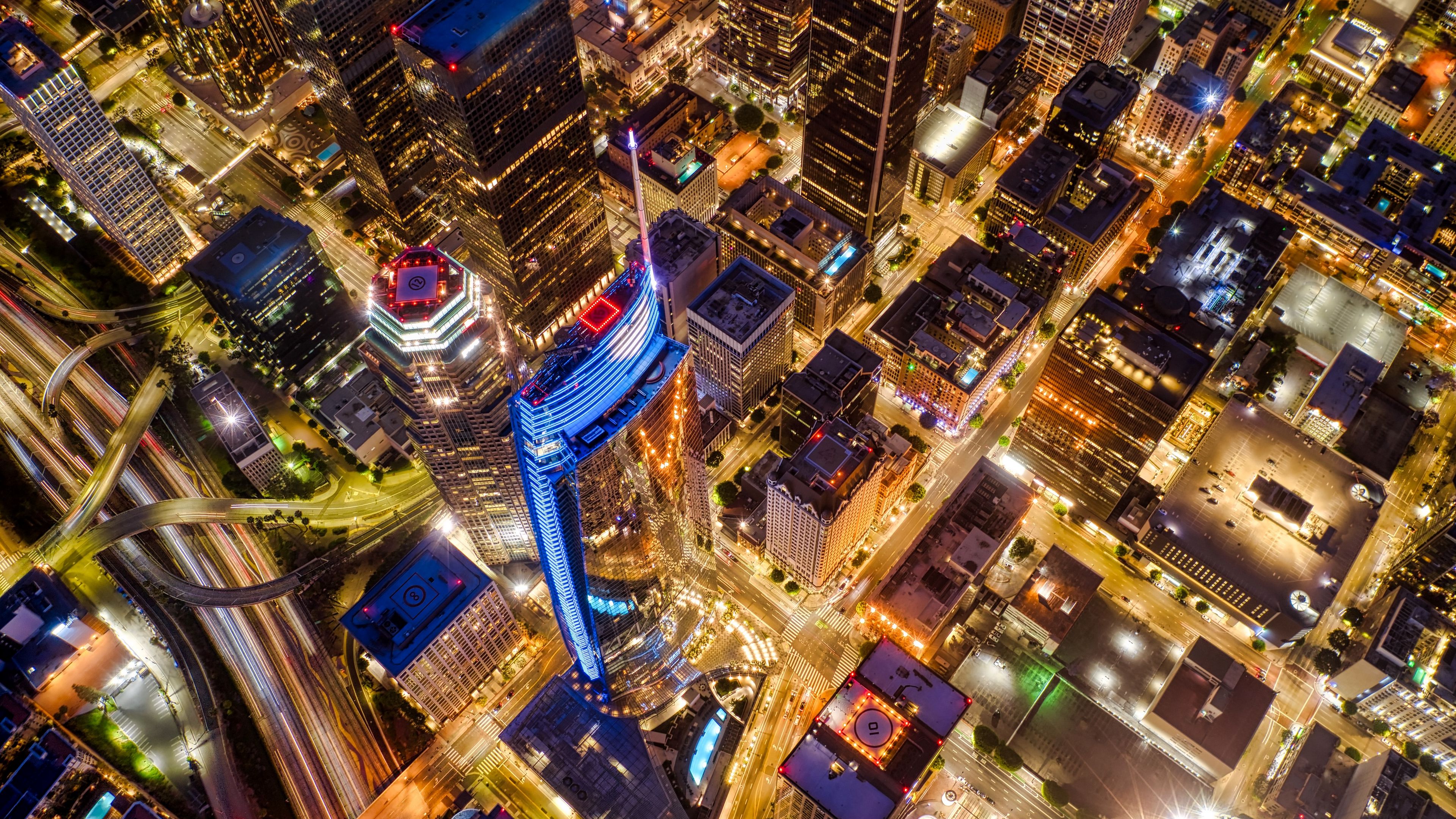 night city, buildings, glow, aerial view, usa, 4k, HD Wallpaper