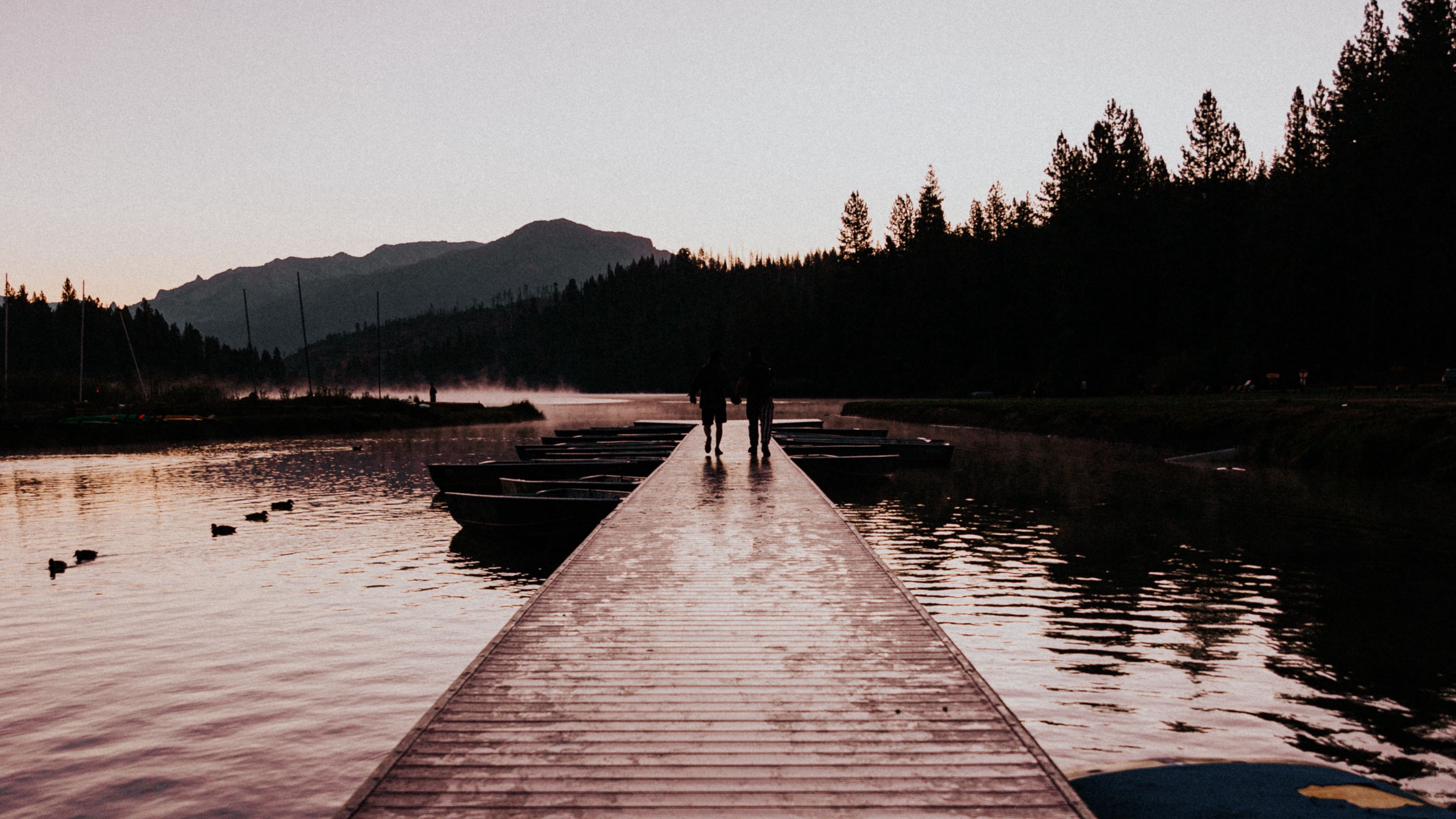 pier, silhouettes, dark, river, dusk, 4k, HD Wallpaper