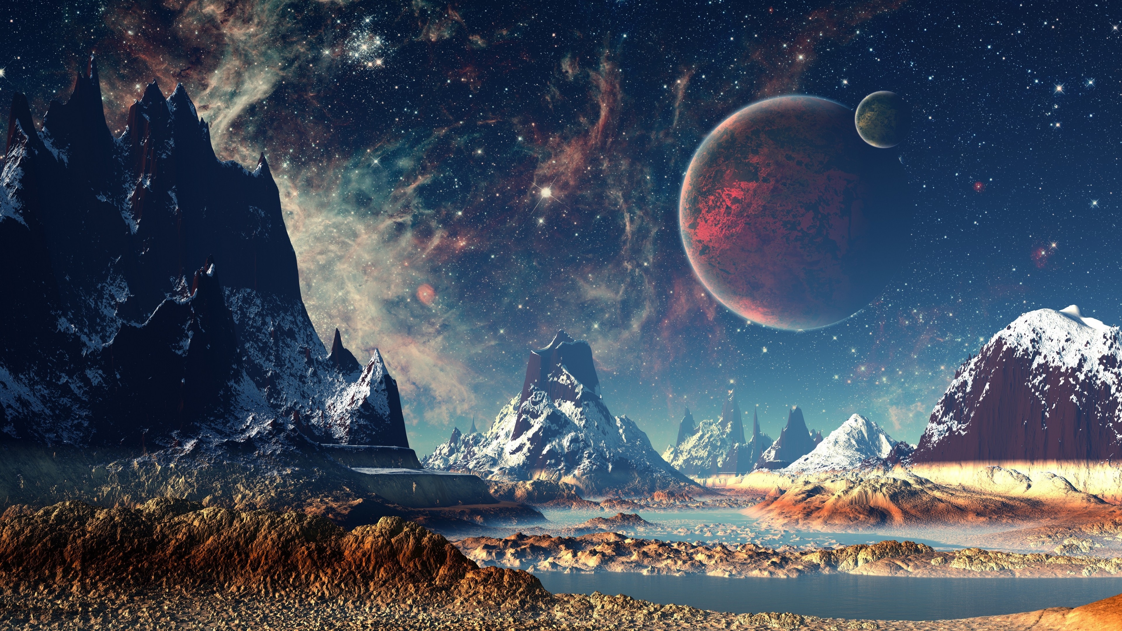 mountains, stars, space, planets, artist, digital art, artwork, hd, 4k, HD Wallpaper