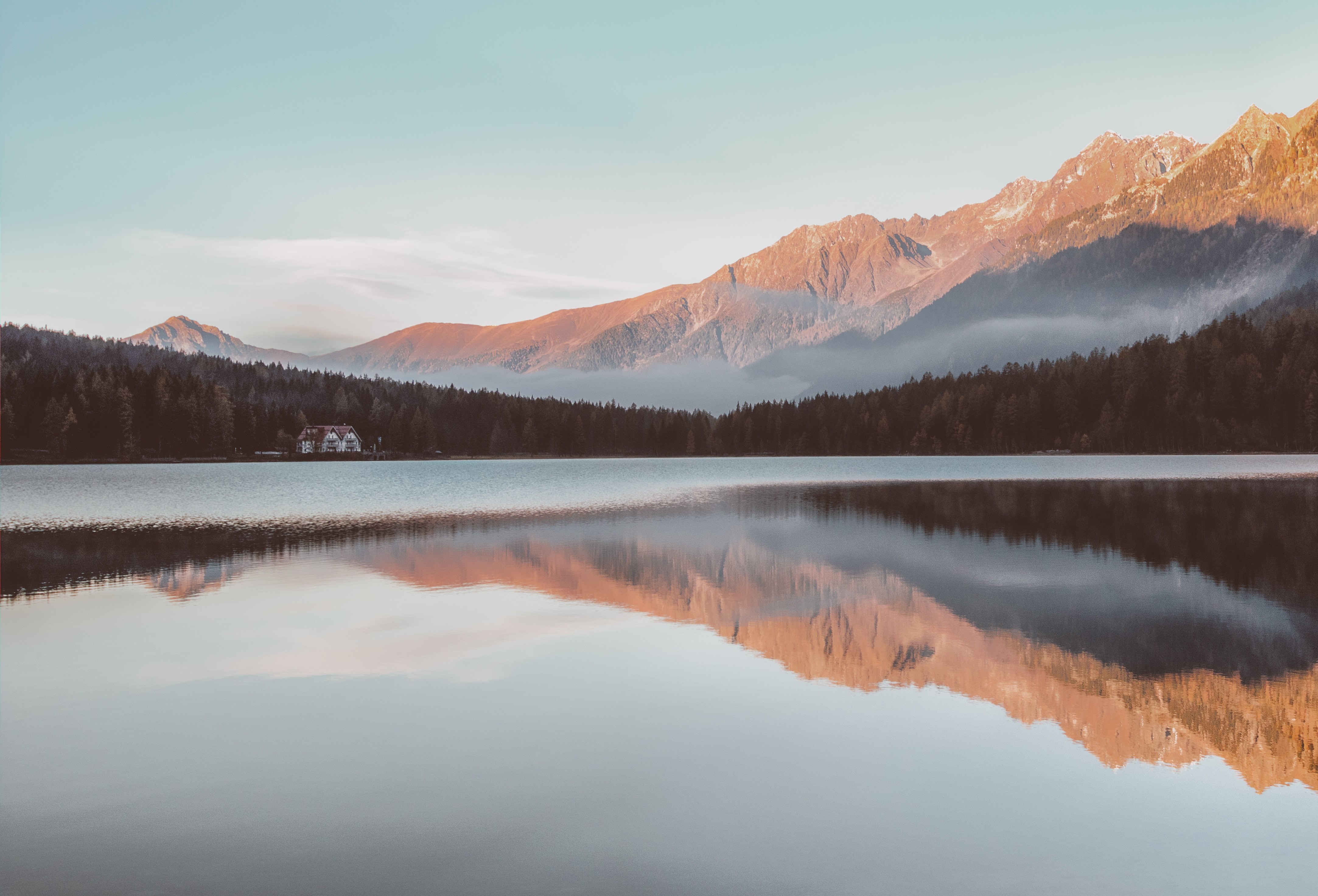 reflection, lake, mountains, fog, nature, hd, 4k, HD Wallpaper