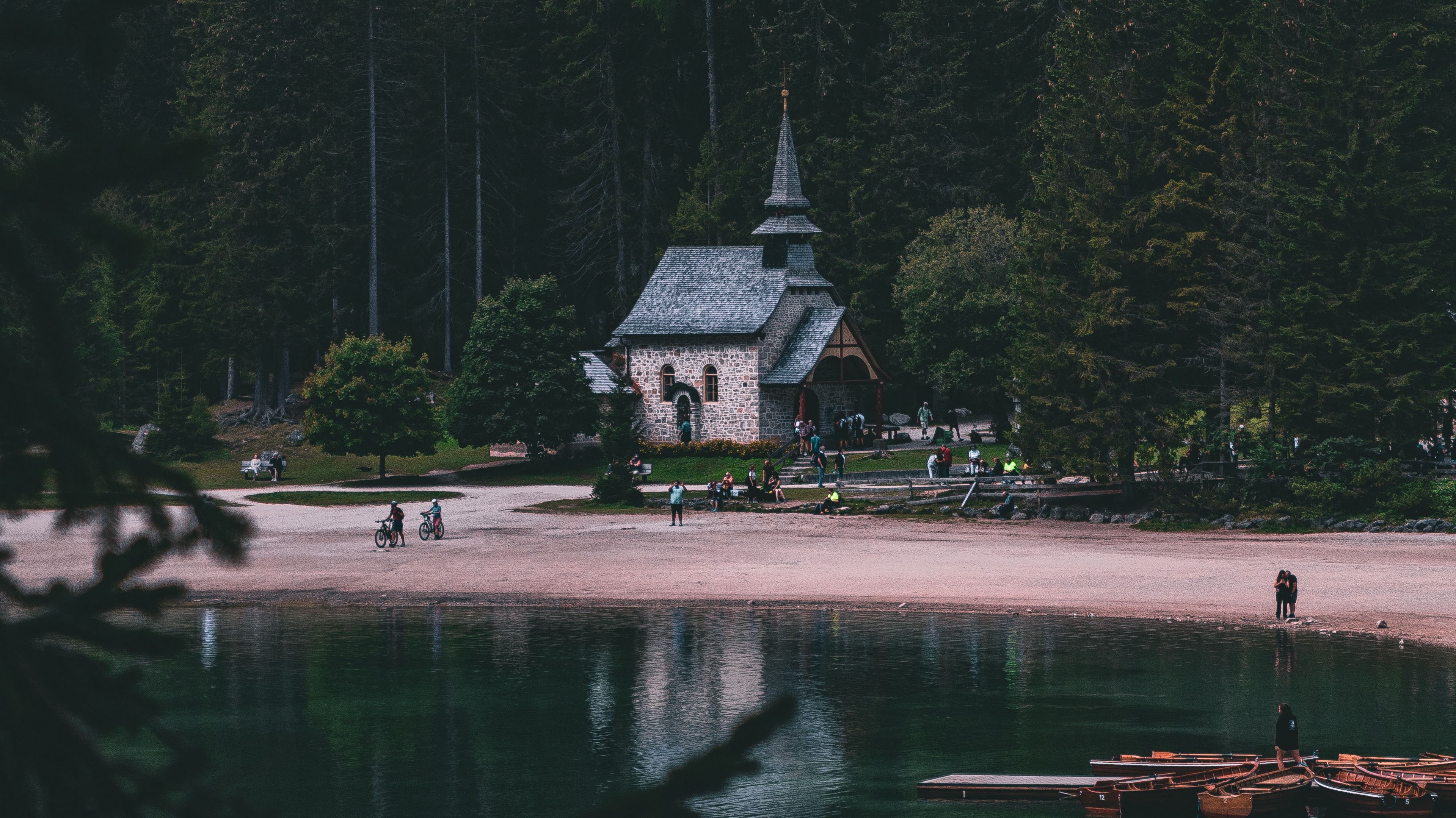 building, lake, trees, shore, nature, 4k, HD Wallpaper