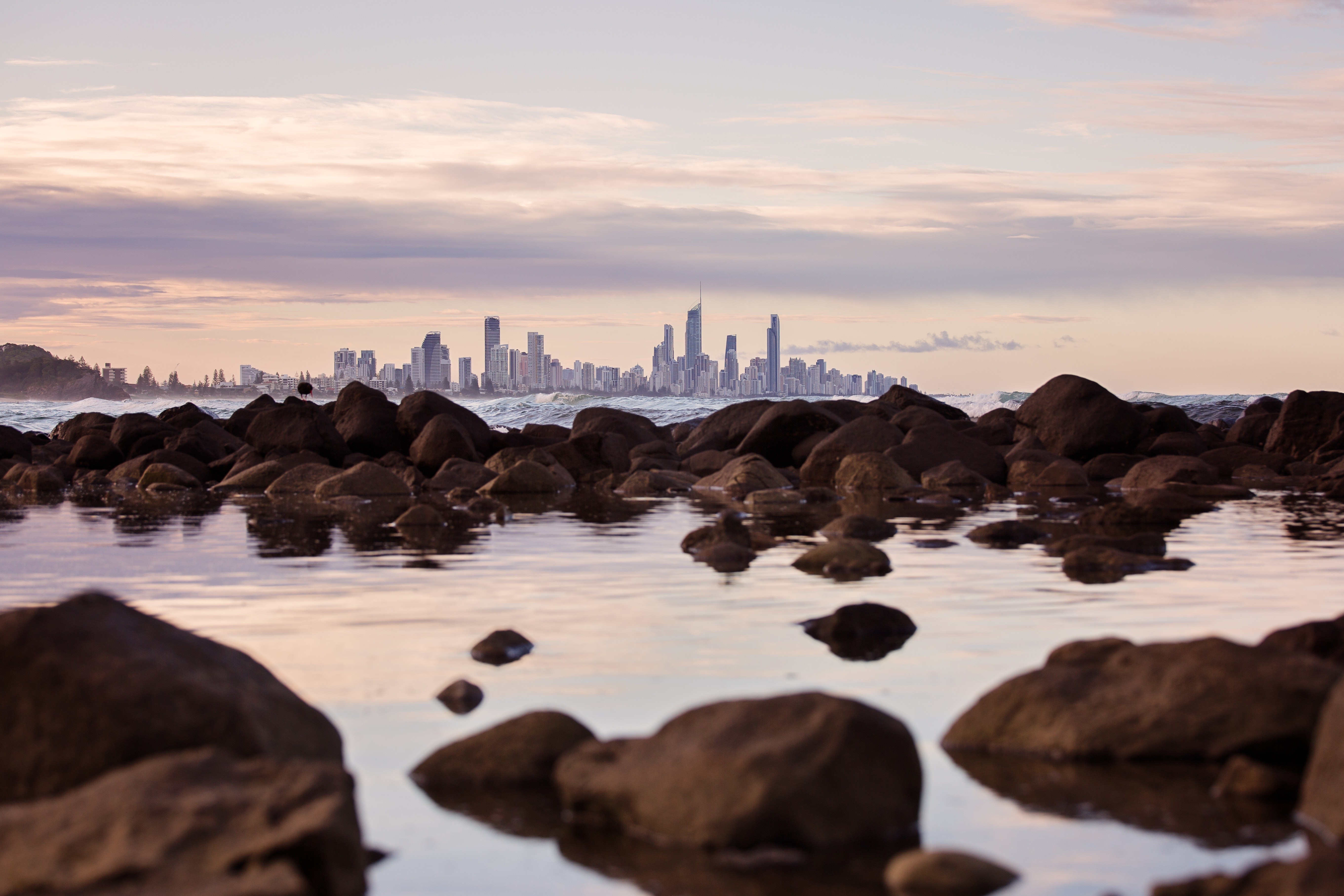 seashore, nature, city, buildings, rocks, hd, 4k, 5k, photography, HD Wallpaper