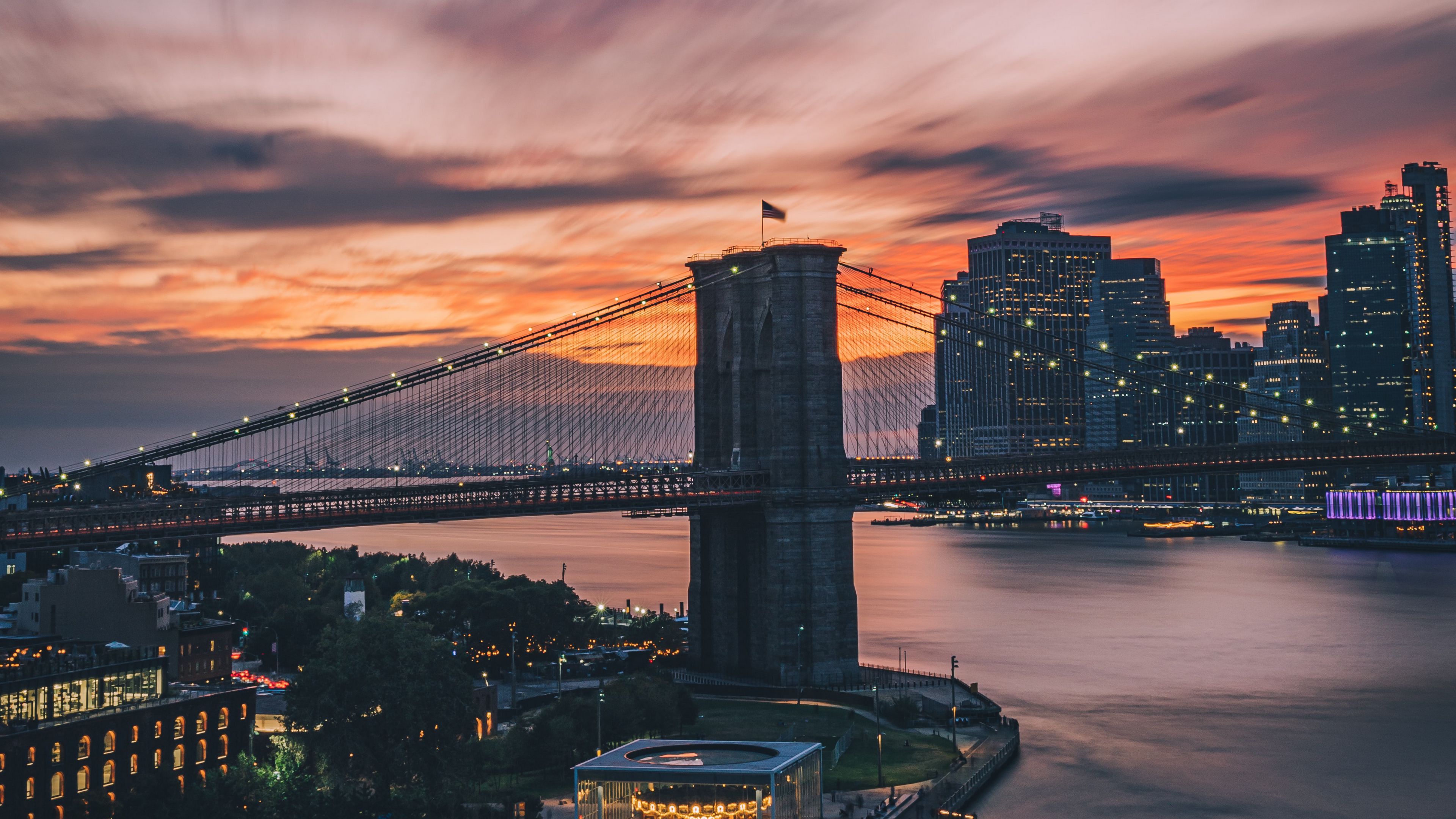 bridge, city, architecture, water, sunset, 4k, HD Wallpaper