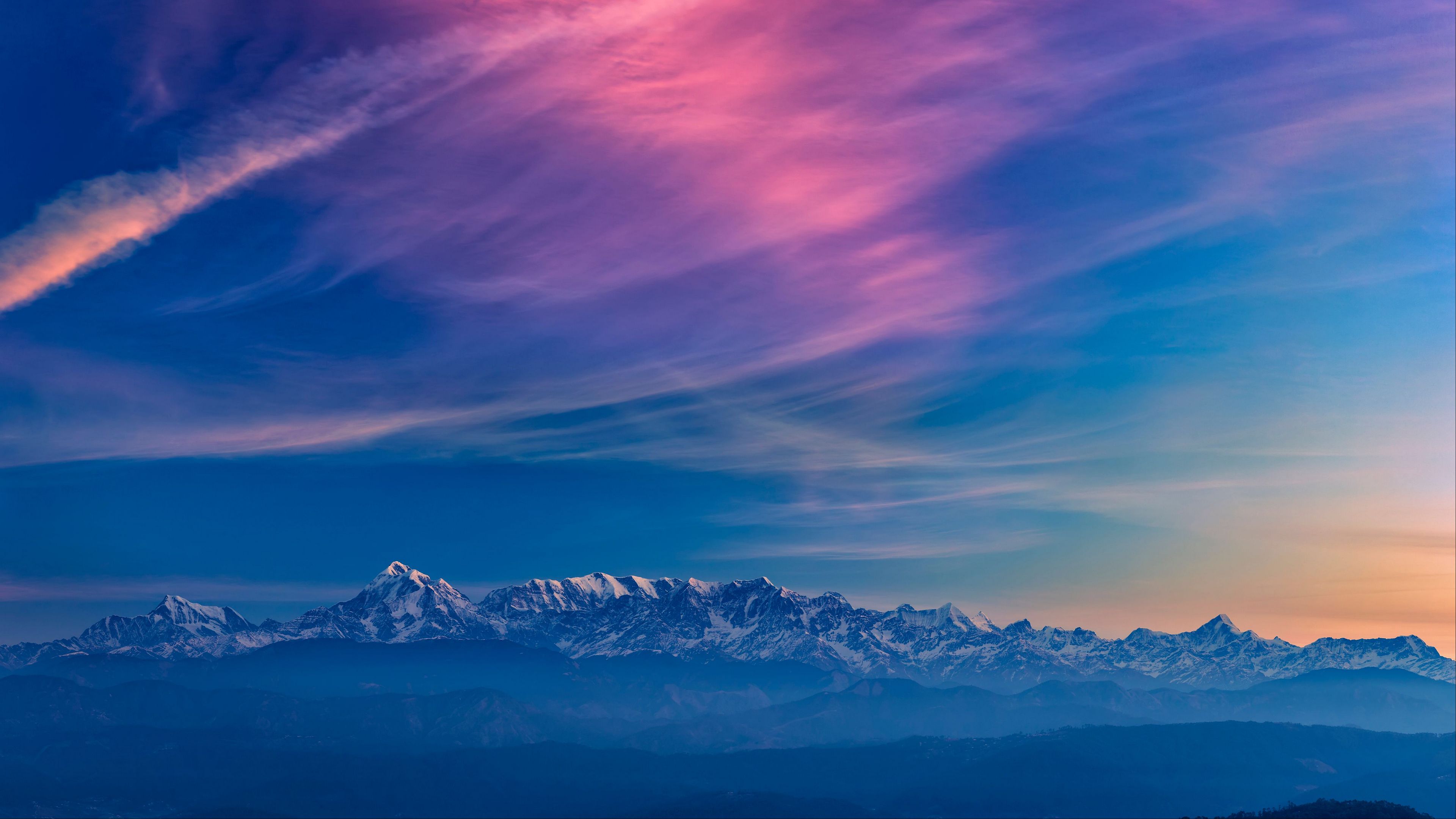 mountains, fog, sunset, clouds, landscape, 4k, HD Wallpaper