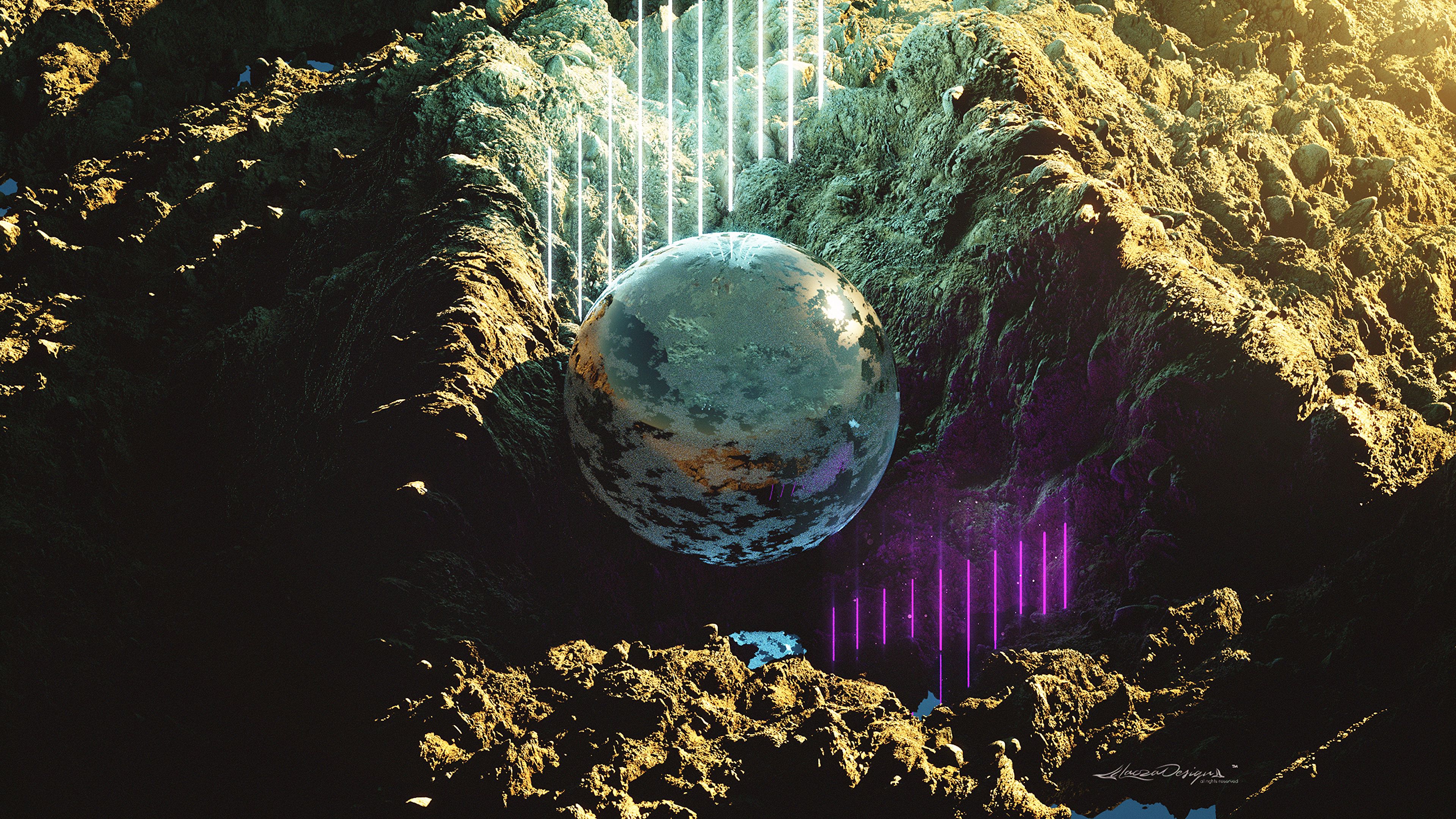 ball, sphere, rocks, lines, neon, 4k, HD Wallpaper